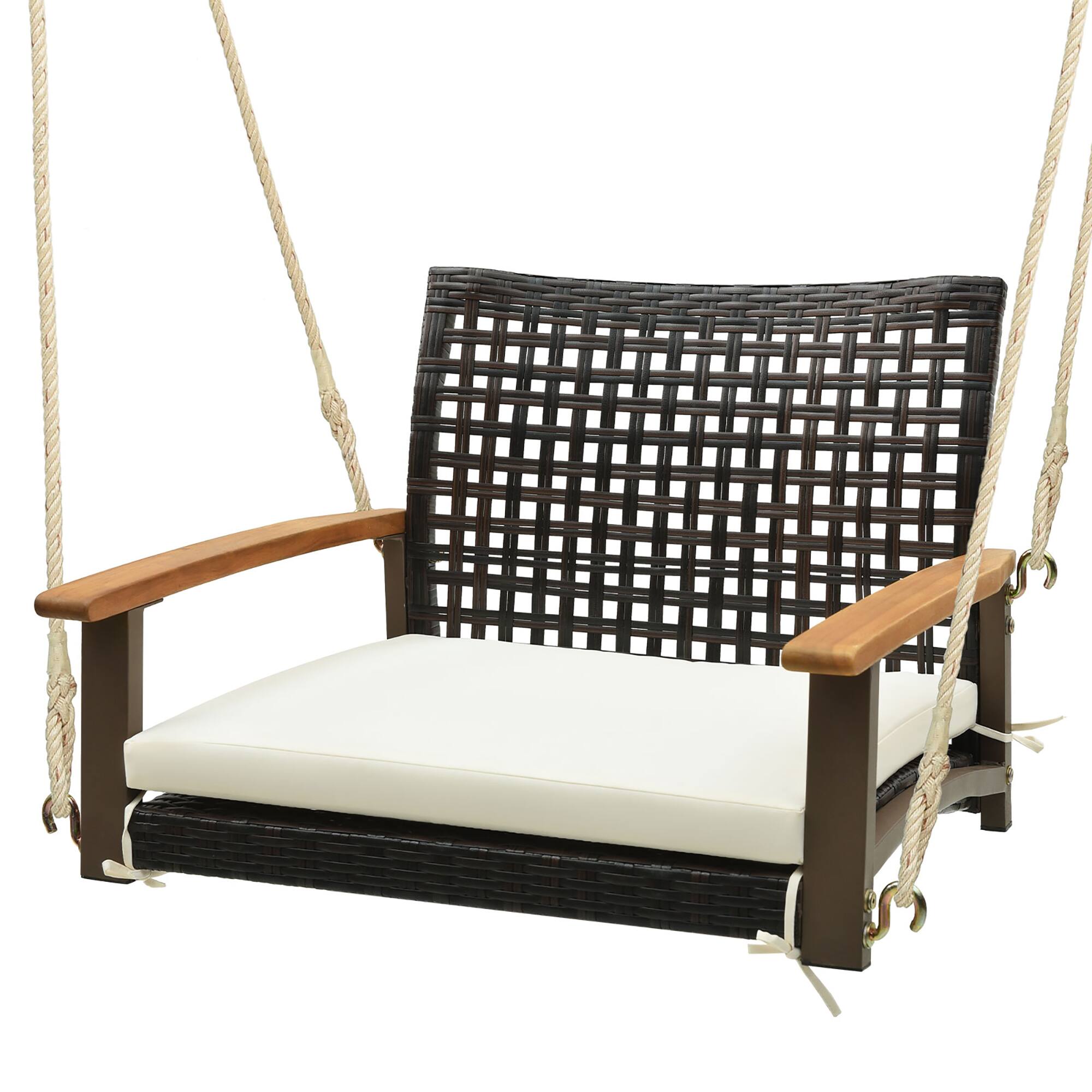 Alt View 1. Gymax - Gymax Rattan Porch Swing Patio Wicker Single Hanging Seat w/ Seat Cushion & Acacia Wood Armrests - Mix Brown, White.