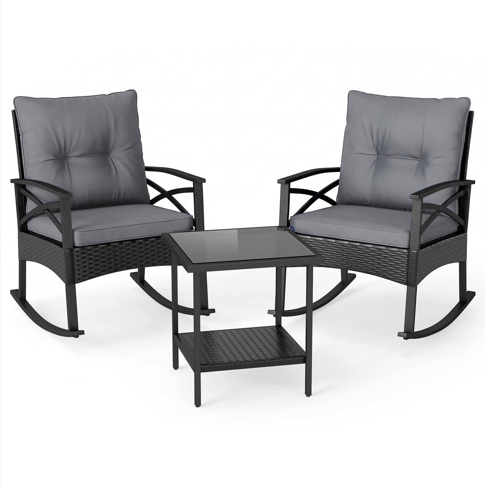 Alt View 9. Gymax - Gymax 3 Pieces Rattan Rocking Bistro Set w/Tempered Glass Tabletop & Cushions for Porch Mix Black & Gray - Gray.