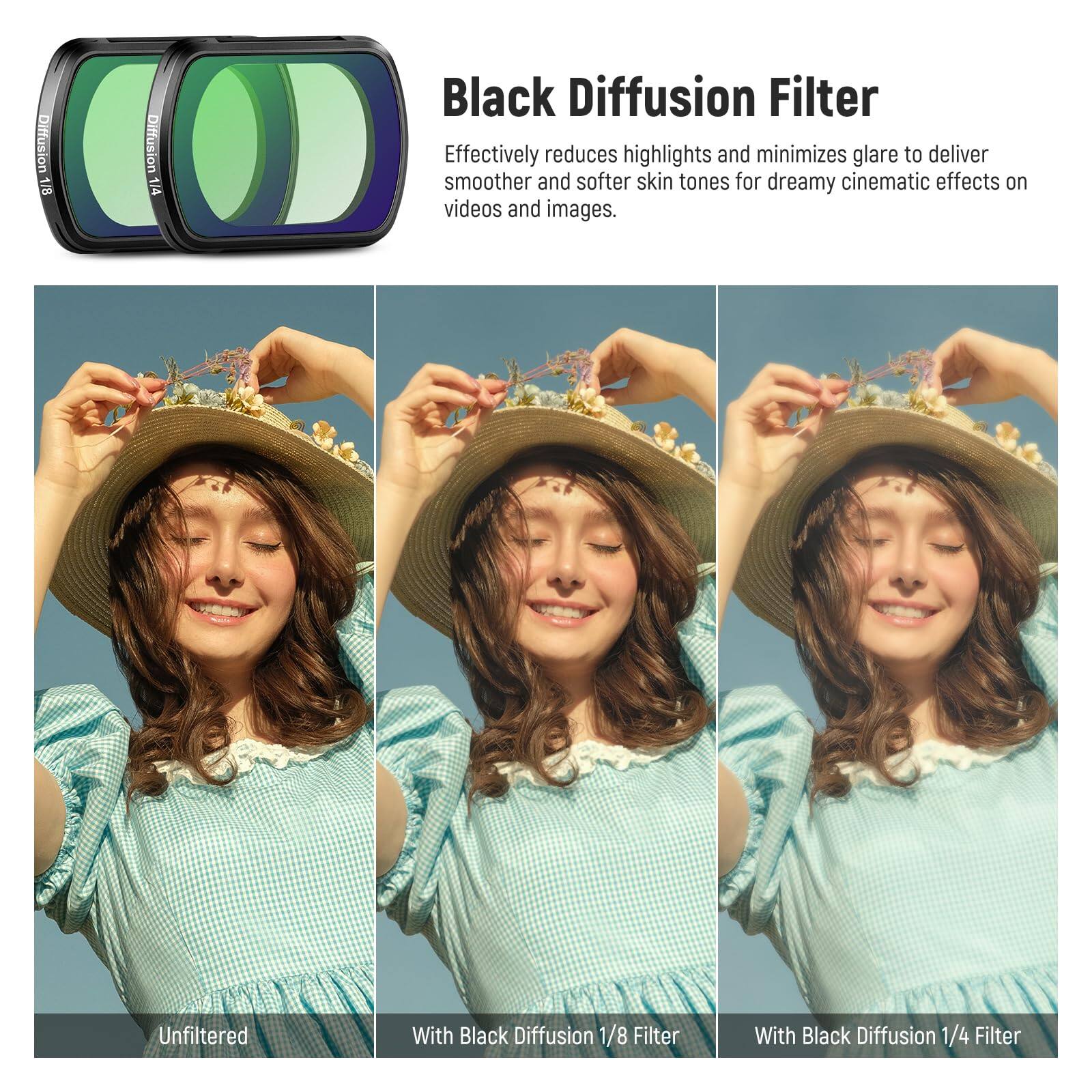 Diffusion 1/8 Diffusion 1/4 Black Diffusion Filter Effectively reduces highlights and minimizes glare to deliver smoother and softer skin tones for dreamy cinematic effects on videos and images. Unfiltered With Black Diffusion 1/8 Filter With Black Diffusion 1/4 Filter