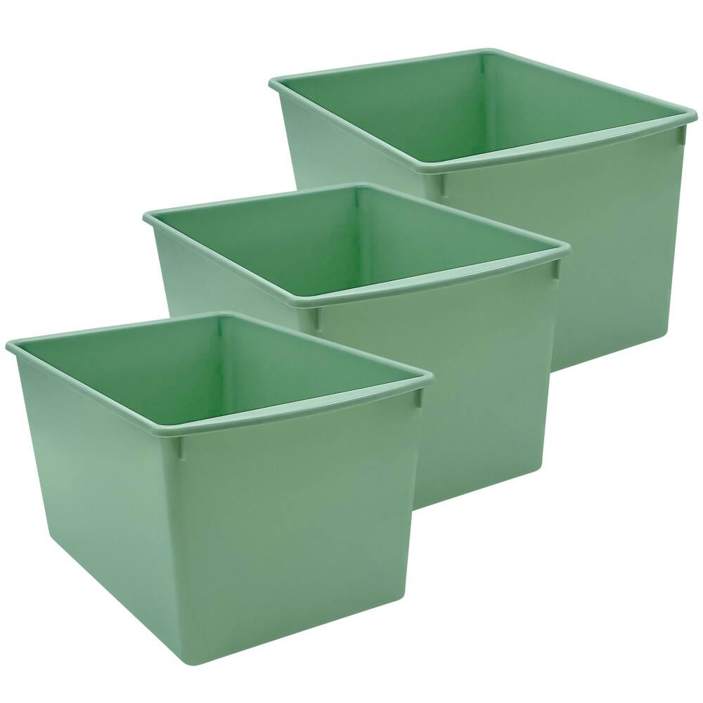 Front. Teacher Created Resources - Teacher Created Resources Plastic Multi-Purpose Bin, Eucalyptus Green, Pack of 3.