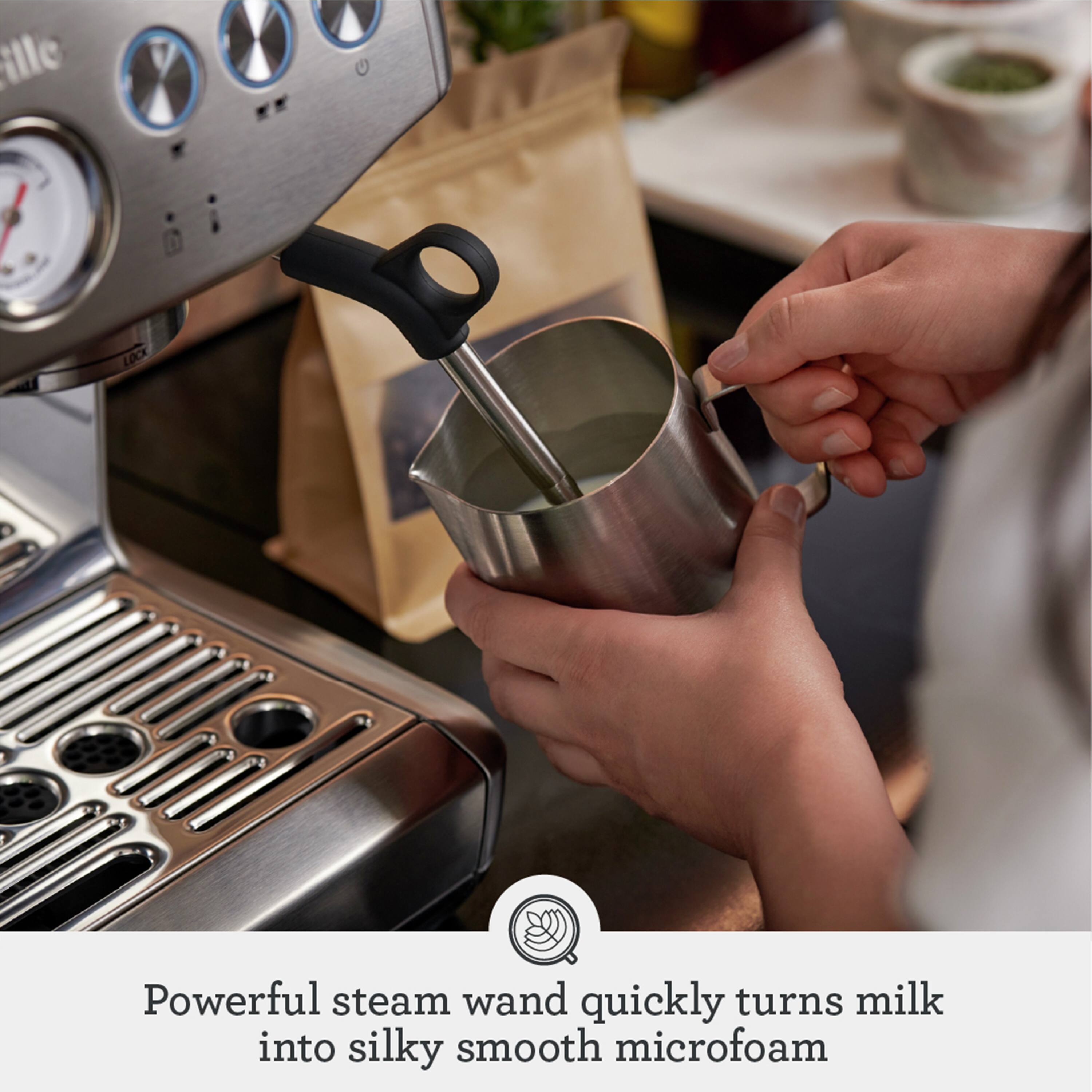 Powerful steam wand quickly turns milk into silky smooth microfoam