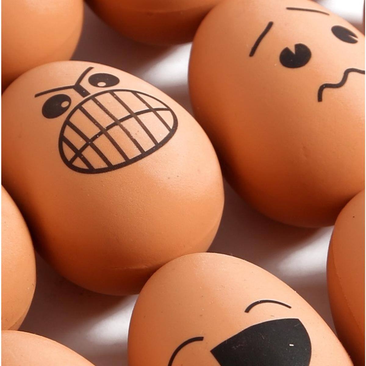 Left. JuzToys - 24 Pieces Realistic Bouncing Easter Eggs with Emoticon Faces, Bouncy Rubber Toy Food Pretend Eggs Playset, Fake Eggs - Bown.