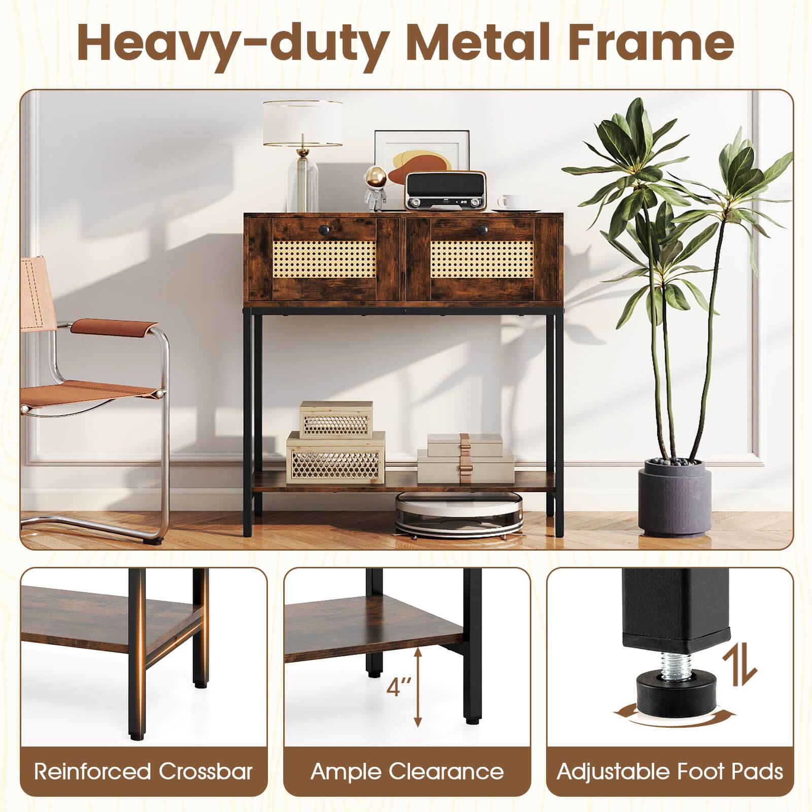 Heavy-duty Metal Frame  
4" Reinforced Crossbar  
Ample Clearance  
Adjustable Foot Pads