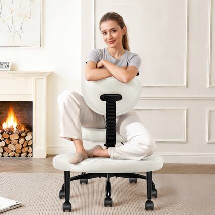 Front. KERDOM - Cross-Legged Meditation Office Chair, Adjustable Height Yoga Kneeling Chair with Wheels PU Leather, ADHD-Friendly - White.
