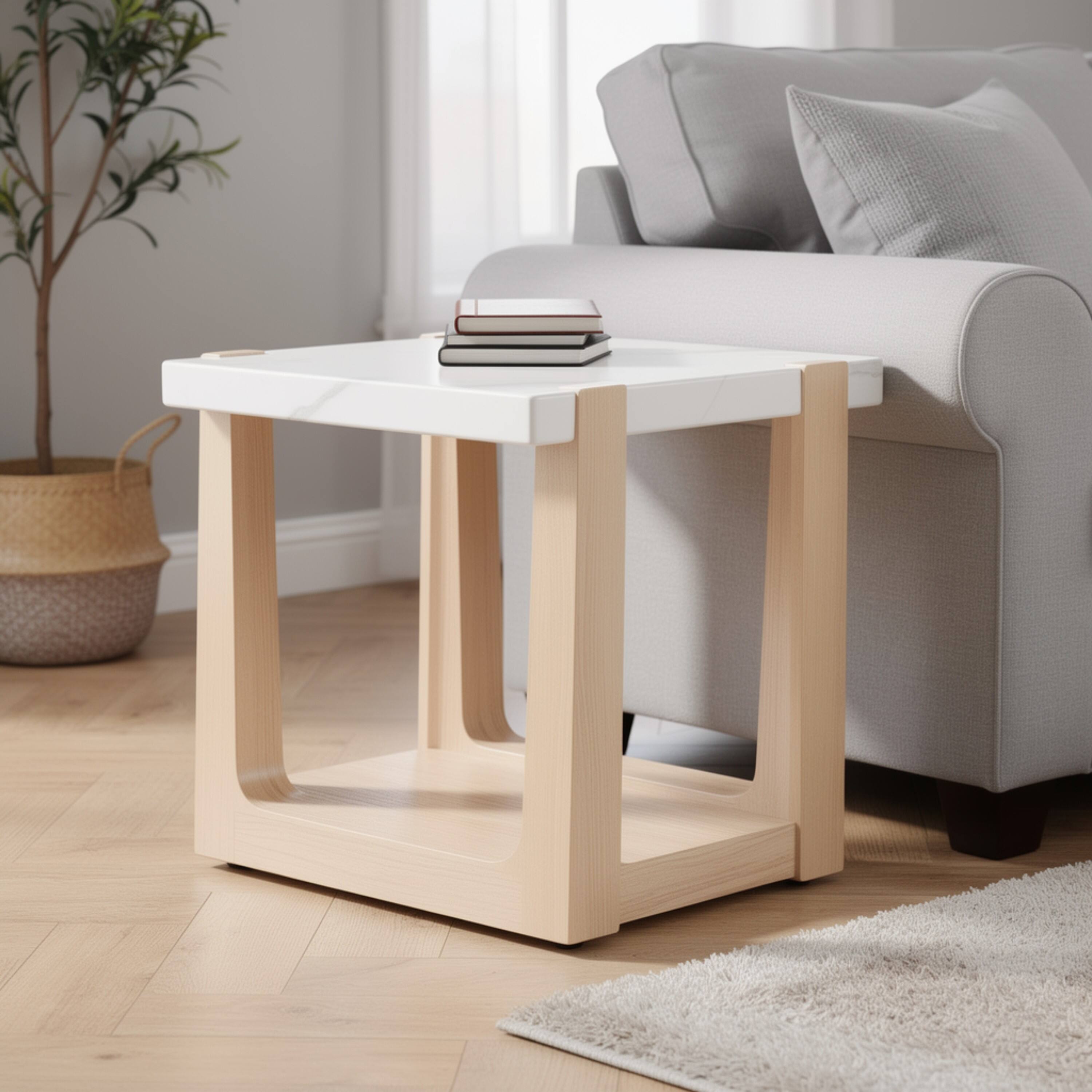 Alt View 5. Manhattan Lane - Sane Side End Table, 24 Inch Faux Marble Top with Shelf - White, Natural Brown.