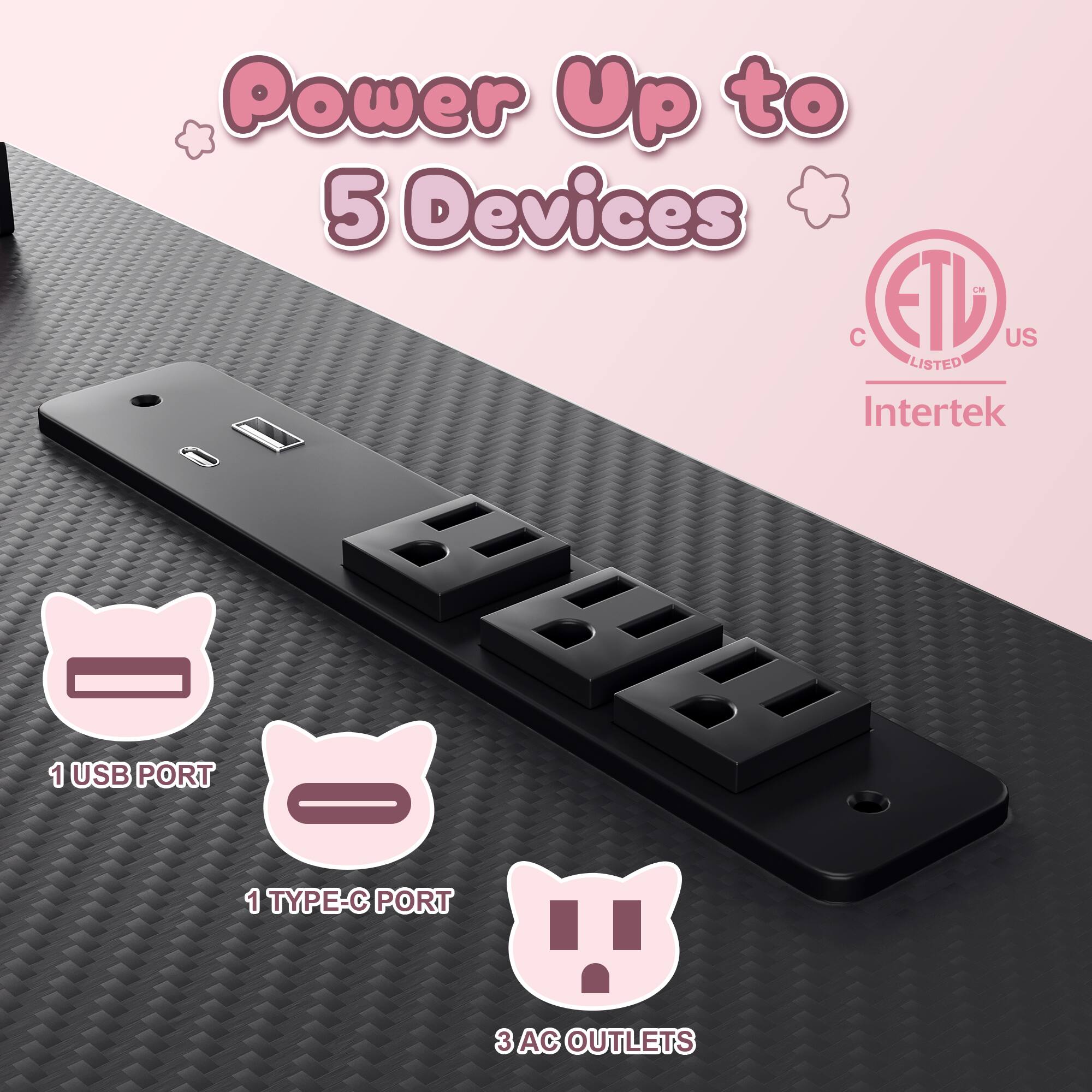 Power Up to 5 Devices  
L C ETL US LISTED Intertek  
1 USB PORT  
1 TYPE-C PORT  
3 AC OUTLETS