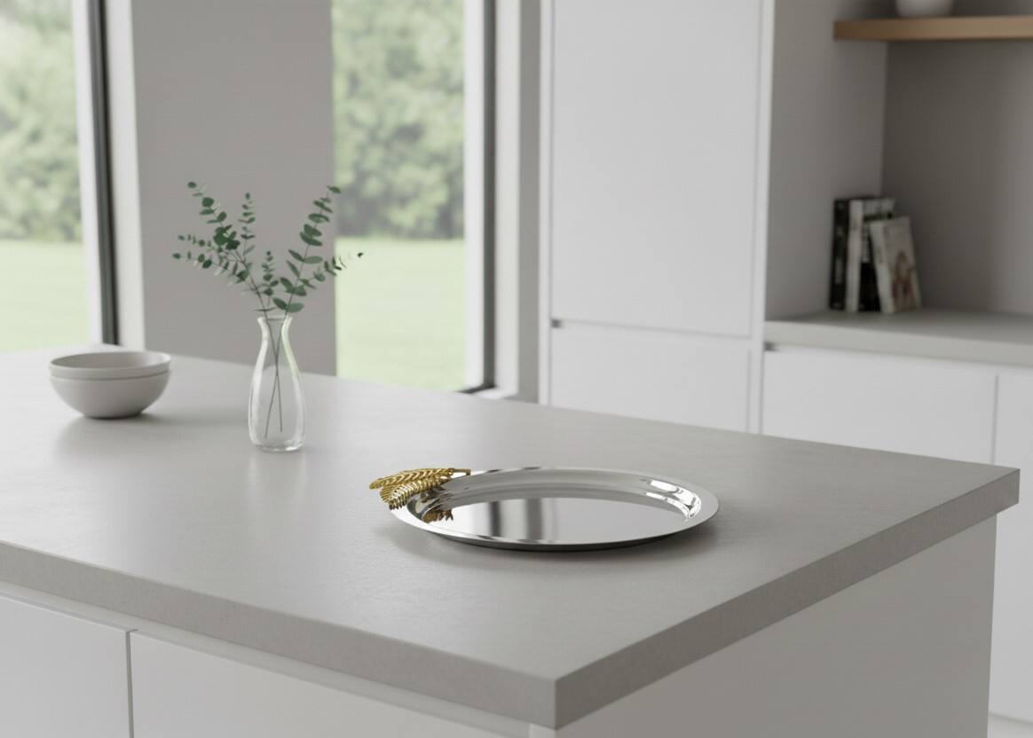 Angle. Jiallo - Aurelia Leaf Tray Round tray with gold fern: 13" dia - Silver /Gold.