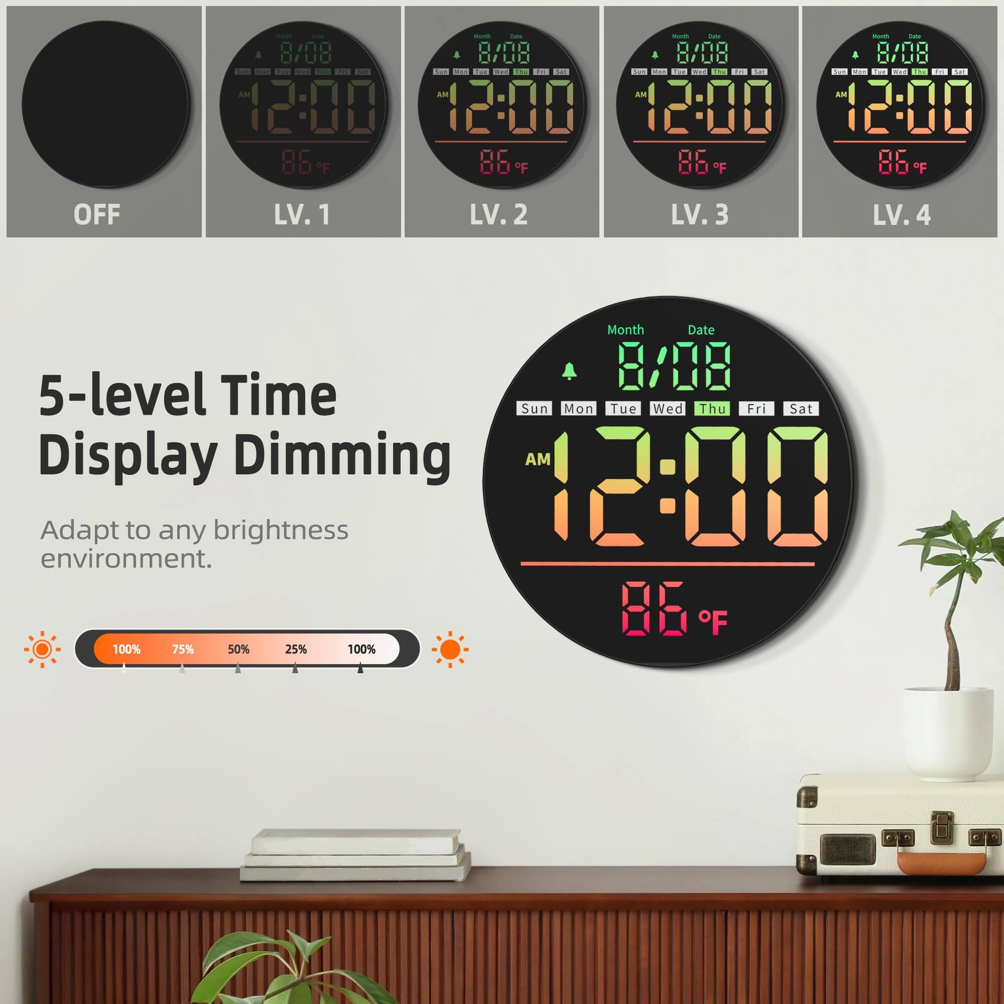 - Om 0.0 D/I 0.09 8708 DUND OUND : ... Sa -o. S - S I ... .. S. A AM AM 12:00 12:00 12:00 12:00 86% 86 DC 85 "F *F 00 F 00F "F OFF LV. 1 LV. 2 LV. 3 LV.4 4 Month Date 8A18 5-level Time Display Dimming Adapt to any brightness environment. 86 F 100% 75% 50% 25% 100%