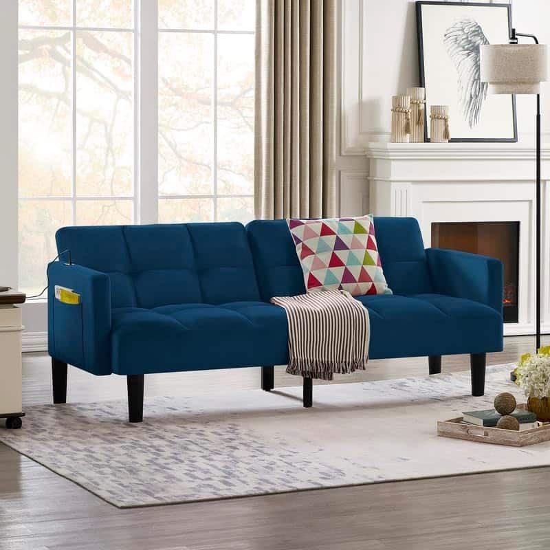 Trinkets Crazed - Velvet Futon Couch Convertible Folding Sofa Bed Tufted Couch for Apartment  - Blue