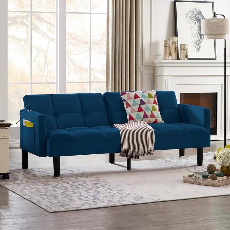 Trinkets Crazed - Velvet Futon Couch Convertible Folding Sofa Bed Tufted Couch for Apartment - Blue