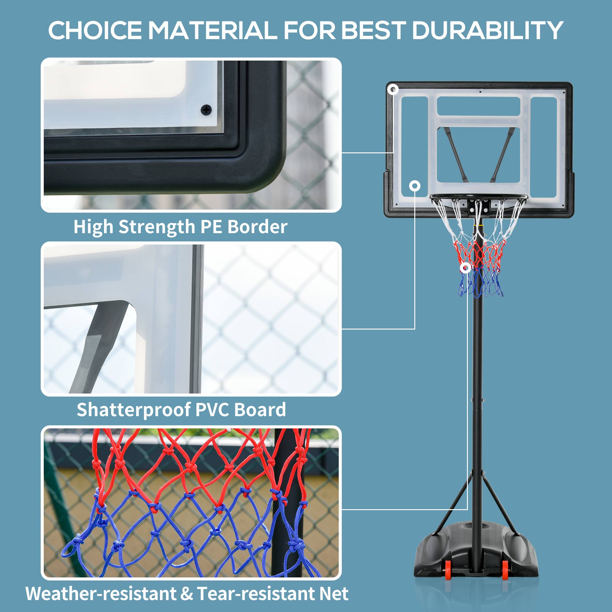 CHOICE MATERIAL FOR BEST DURABILITY
High Strength PE Border
Shatterproof PVC Board
Weather-resistant & Tear-resistant Net