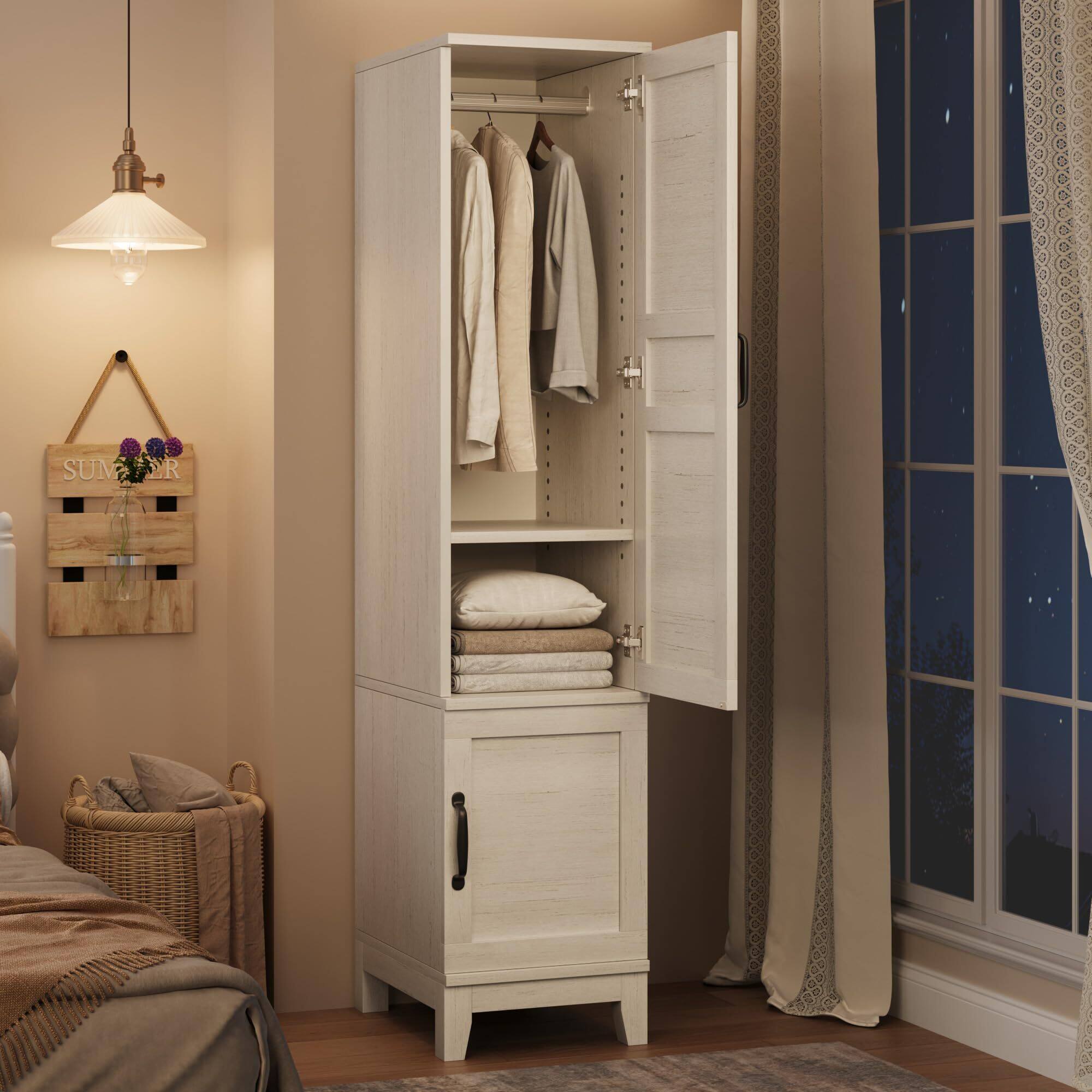 Alt View 3. Acekool - Armoire Wardrobe Closet with 2 Doors,72" Wooden Wardrobe Cabinet with Hanging Rod, Narrow Tall Clothing Armoire Cabinet - White.
