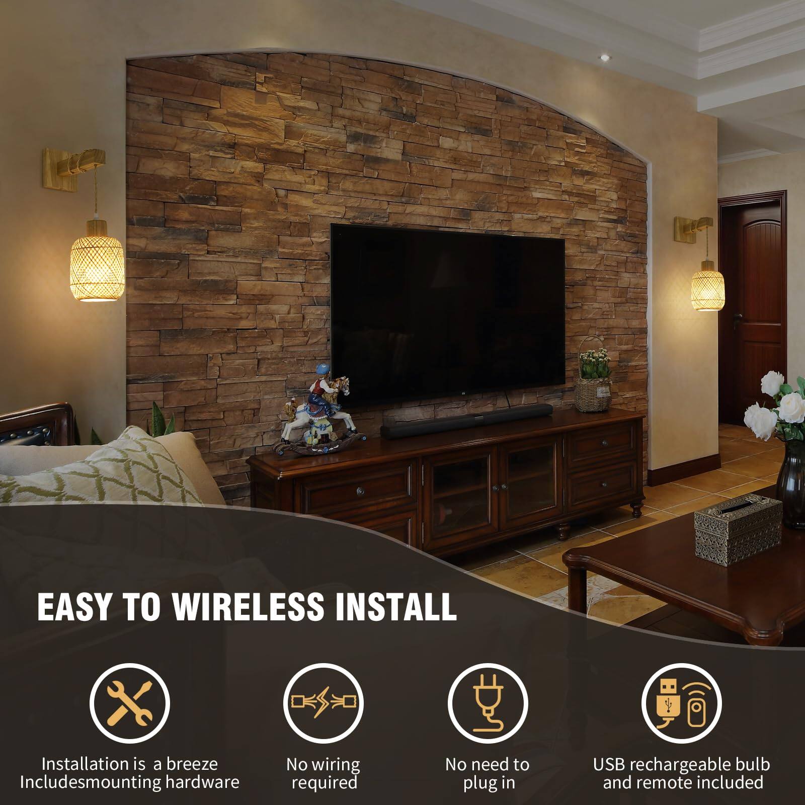 EASY TO WIRELESS INSTALL

- Installation is a breeze
- Includes mounting hardware
- No wiring required
- No need to plug in
- USB rechargeable bulb and remote included