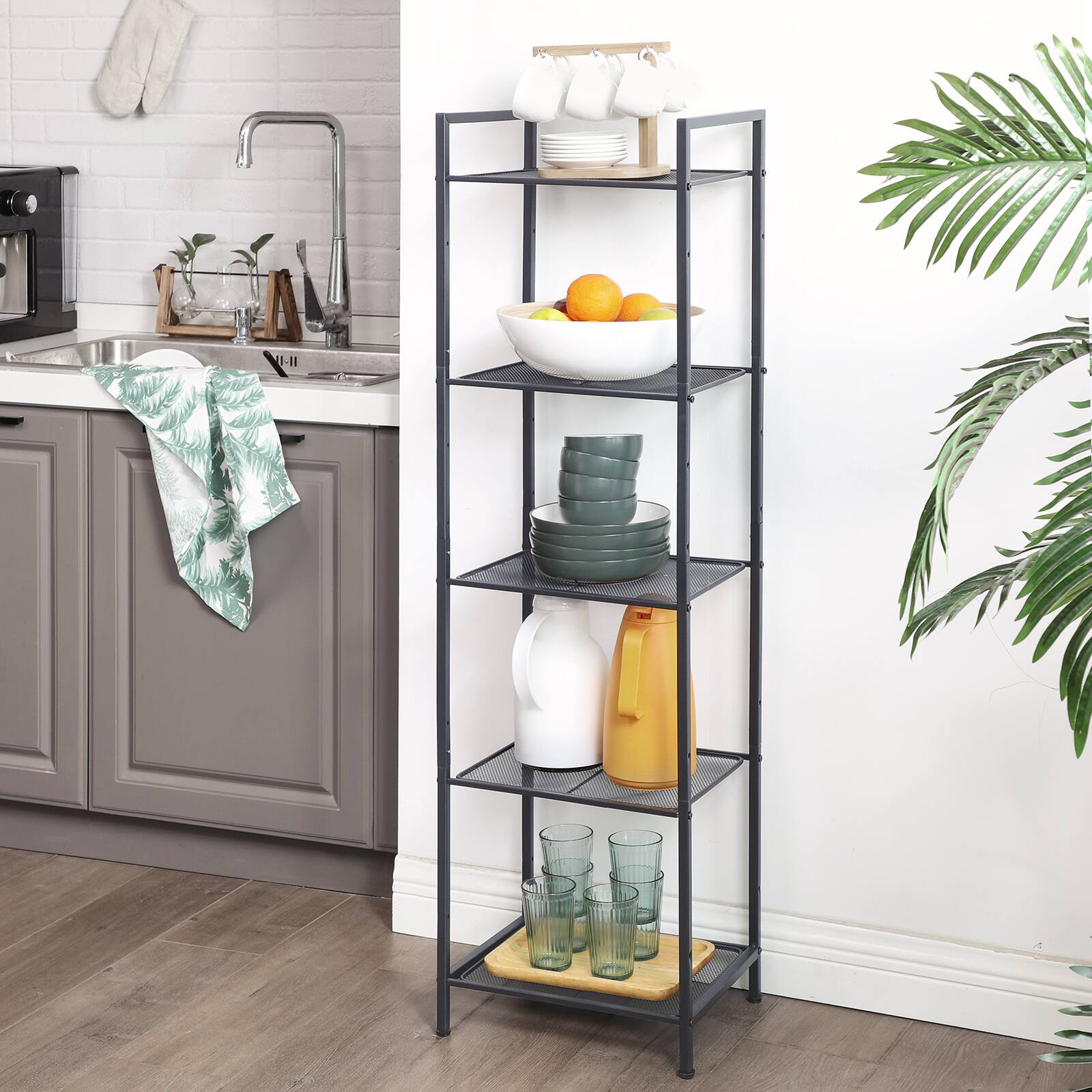 Back. Songmics Home - 5-Tier Storage Rack, Bathroom Shelf, Extendable Plant Stand with Adjustable Shelf - Black.