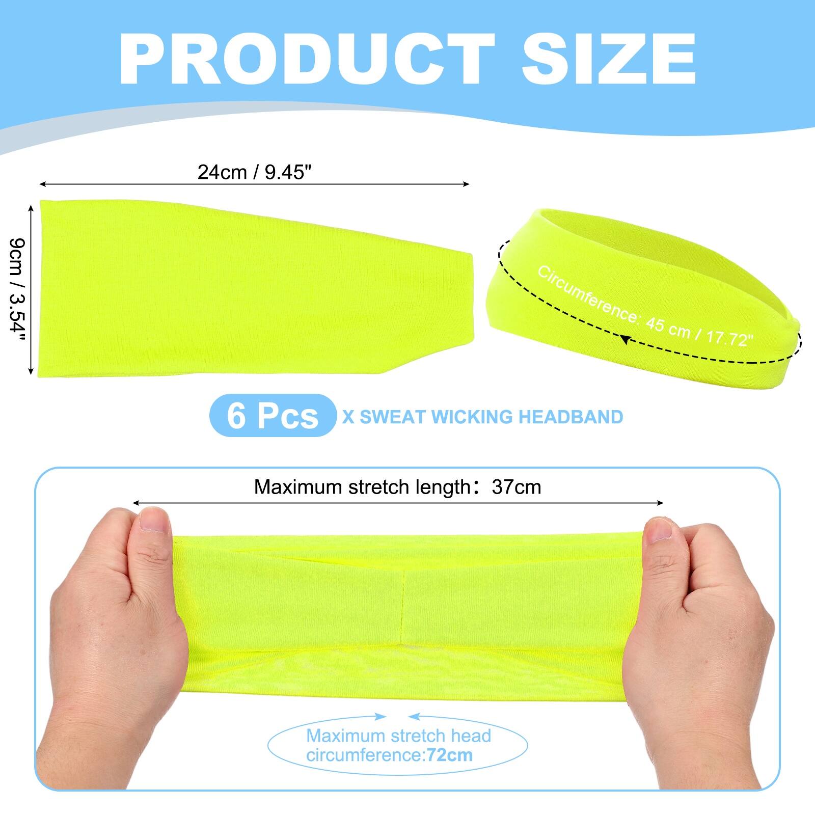 PRODUCT SIZE

24cm / 9.45"  
9cm / 3.54"  
Circumference: 45 cm | 17.72"  

6 Pcs X SWEAT WICKING HEADBAND  

Maximum stretch length: 37cm  
Maximum stretch head circumference: 72cm