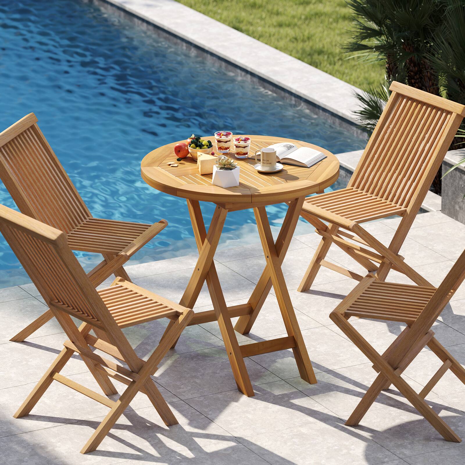 Alt View 4. Gymax - Gymax Patio Teak Wood Dining Table 27.5'' Round Side Table w/ Slatted Tabletop - Natural.