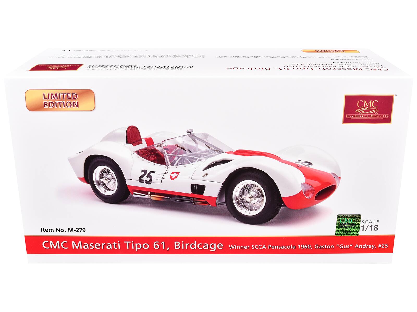 a DIO -... .. : EO. - OO. AGDie .  ODLE 9 ....FF Birdcage G1. Tipo Maserati CMC LIMITED EDITION CMC . Ssclusite Modelle 25 + Item No. M-279 SALE SCALE 1/18 CMC Maserati Tipo 61, Birdcage Winner SCCA Pensacola 1960, Gaston "Gus" Andrey, #25