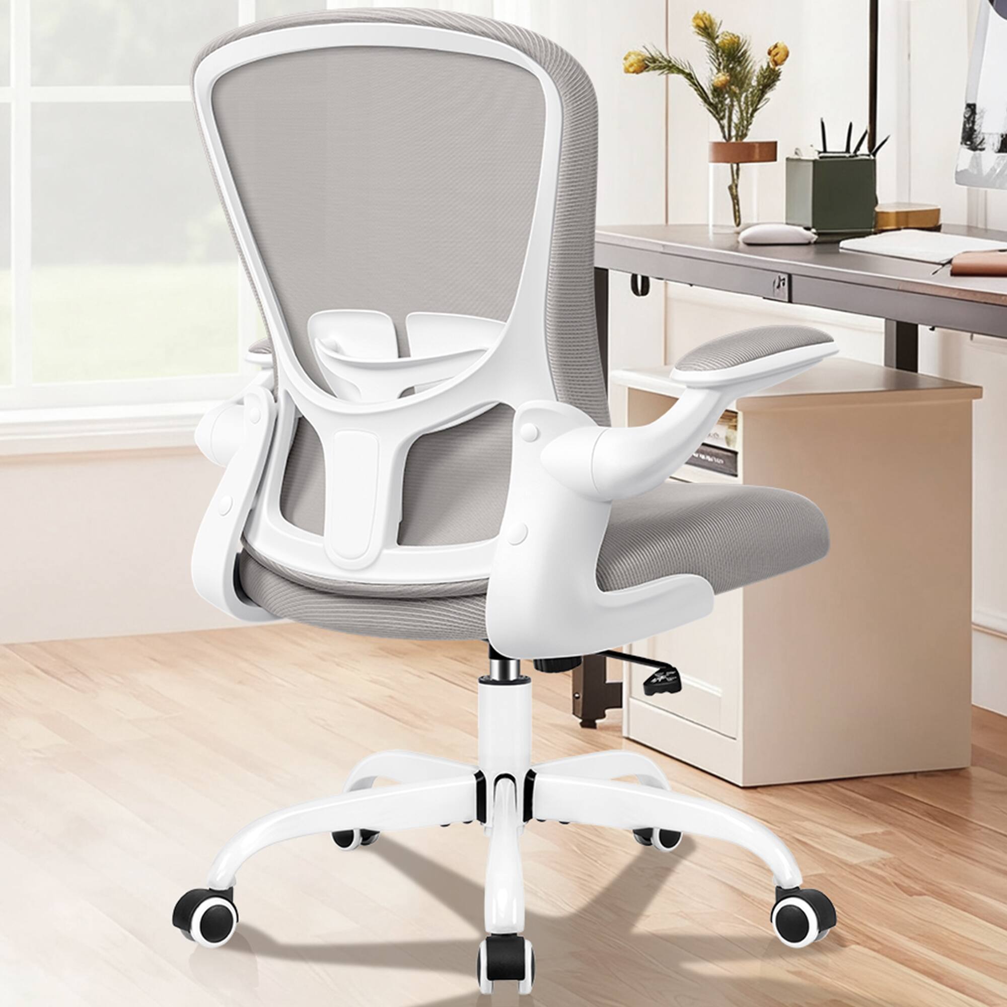 Alt View 4. KERDOM - Ergonomic Desk Chair, Swivel Computer Chair with Flip-up Arms, Adjustable Lumbar Support & Height, Breathable Mesh, Tilt - Light Grey.