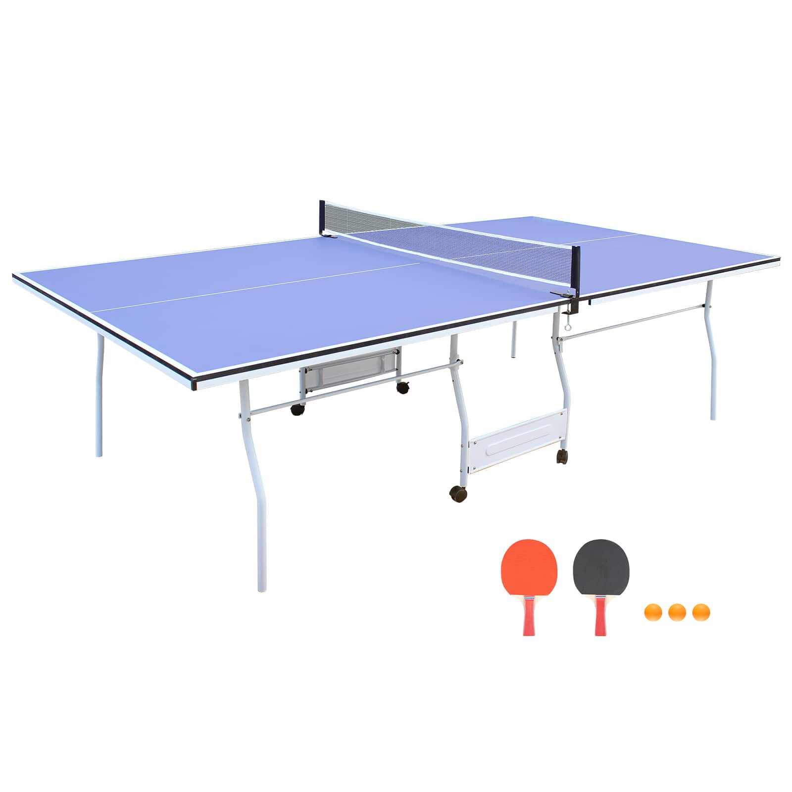 APRILSOUL - 9FT Mid-Size Table Tennis Table Foldable and Portable Ping Pong Table Set for Indoor Games with Net 2 Paddles 3 Balls - Blue