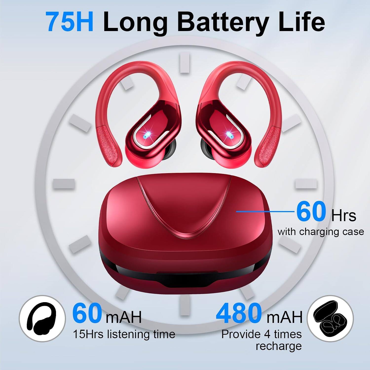 75H Long Battery Life

60 Hrs with charging case

60 mAH 15Hrs listening time

480 mAH Provide 4 times recharge