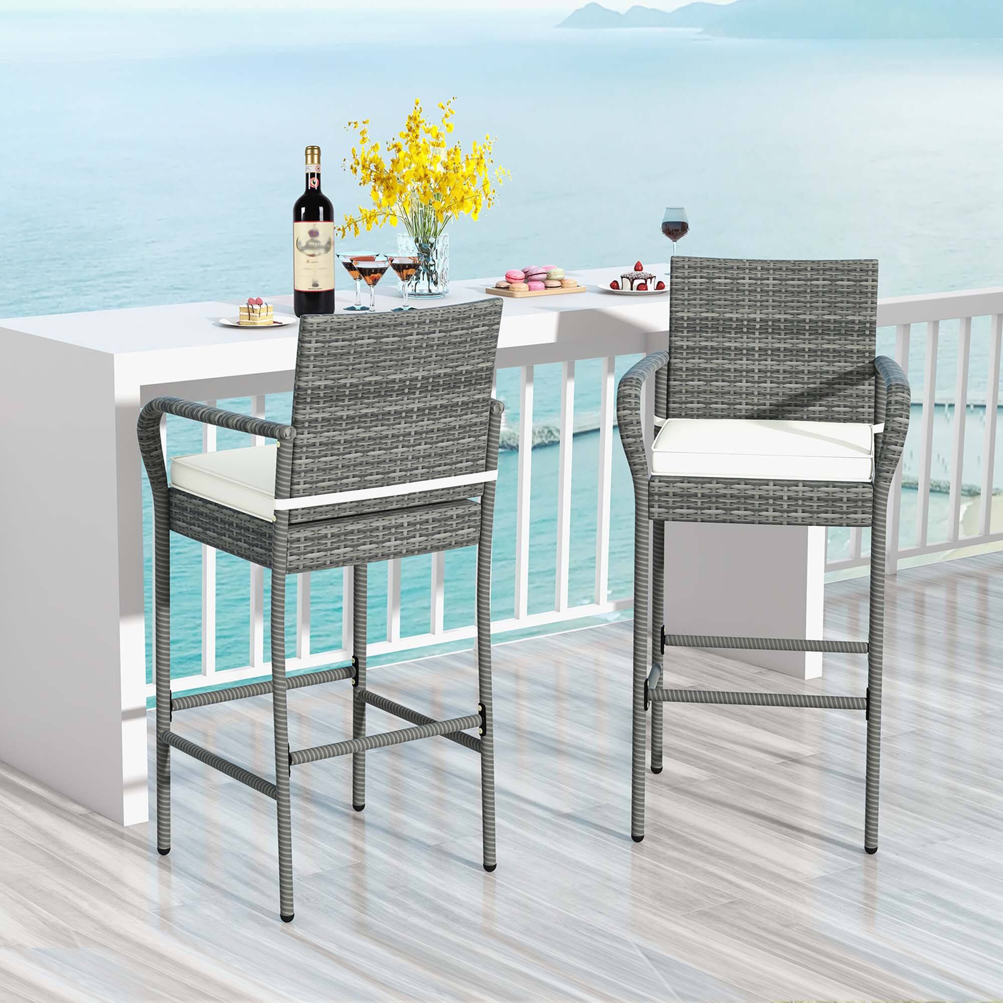 Alt View 1. Costway - Costway Patio Wicker Barstools Set of 2 with Armrests & Soft Cushions Stable Metal Frame - Gray,Off White.