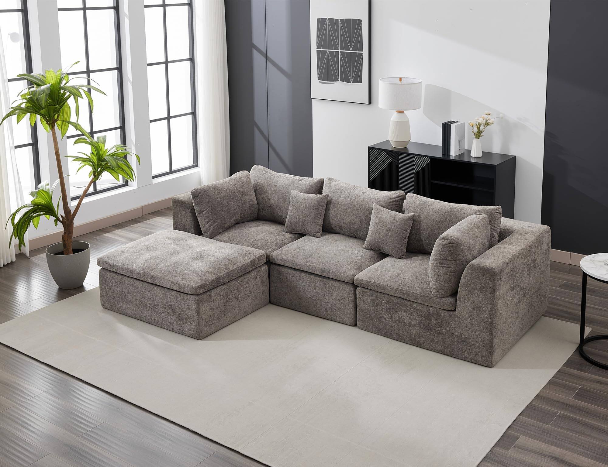 Front. Jojoka - 110" L-Shaped Modular Sectional Sofa, 4-Seater Oversized Chenille Couch with Double Chaise, Ottoman & Pillows - Grey.