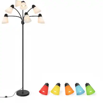 Front. FINEAK - Modern Medusa Multi-Head LED Floor Lamp - Black Rustic Adjustable Gooseneck Reading Standing Light - Balck.