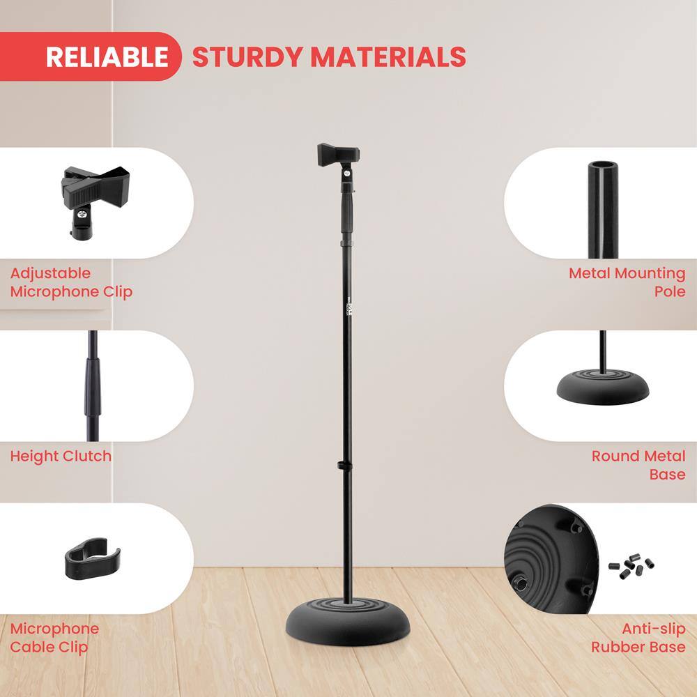 RELIABLE STURDY MATERIALS

- Adjustable Microphone Clip
- Height Clutch
- Metal Mounting Pole
- Round Metal Base
- Anti-slip Rubber Base
- Microphone Cable Clip
