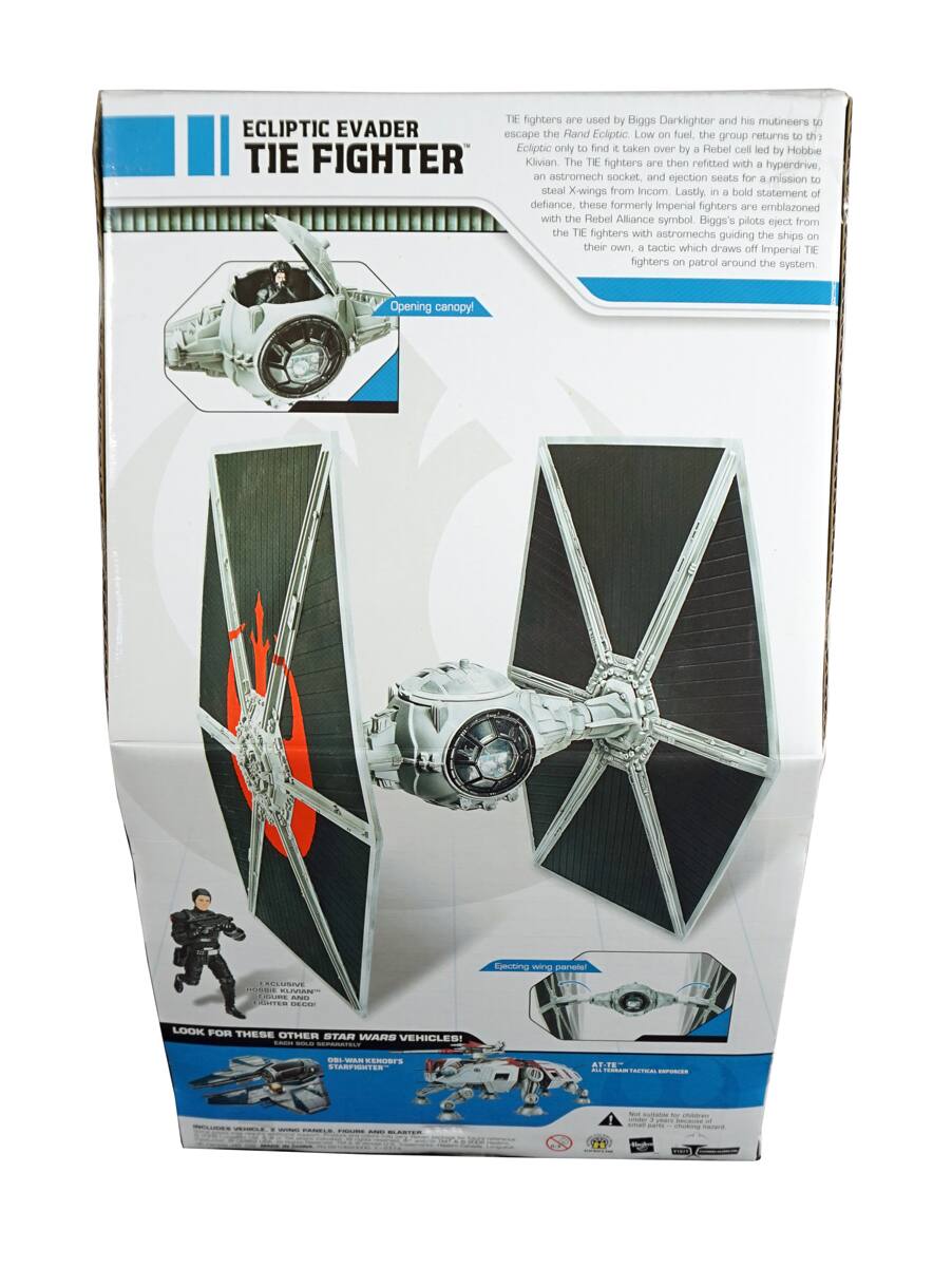 ECLIPIC EVADER TIE FIGHTER

TIE fighters are used by Biggs Darklighter and his mutineers to escape the Rand Ecliptic. Low on fuel, the group returns to Ecliptic only to find it taken over by a Rebel cell led by Hobbie Klivian. The TIE fighters are then refitted with a hyperdrive, an astromech socket, and ejection seats for a mission to steal X-wings from Incom. Lastly, in a bold statement of defiance, these formerly Imperial fighters are emblazoned with the Rebel Alliance symbol. Biggs's pilots eject from the TIE fighters with astromechs guiding the ships on their own, a tactic which draws off Imperial TIE fighters on patrol around the system.

Opening canopy!

Ejecting wing panels!

EXCLUSIVE: KLIVIAN HOBBIE FIGURE AND ECLIPIC EVADER TIE FIGHTER!

LOOK FOR THESE OTHER STAR WARS VEHICLES!
- OB-WAR KENNER'S STARFIGHTER
- AT-TE TACTICAL ENFORCER

INCLUDES VEHICLE, 2 WING PANELS, FIGURE AND BLASTER

NOT SUITABLE FOR