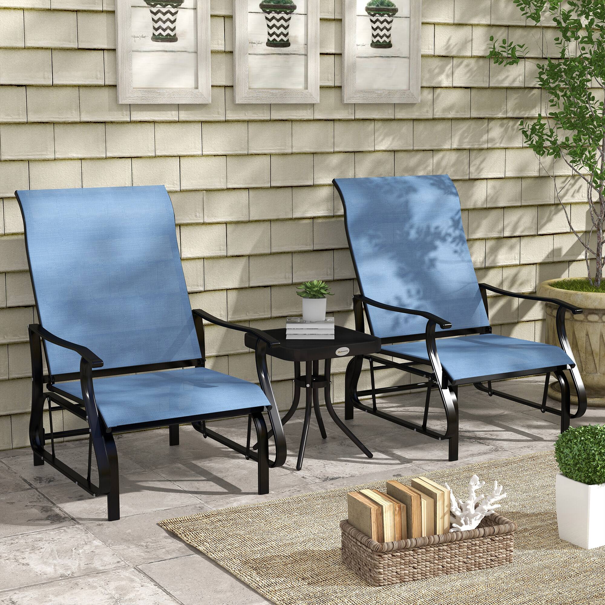 Angle. Outsunny - 3-Piece Outdoor Gliders Set Bistro Set with Steel Frame, Tempered Glass Top Table for Patio, Garden, Backyard, Lawn - Light Blue.