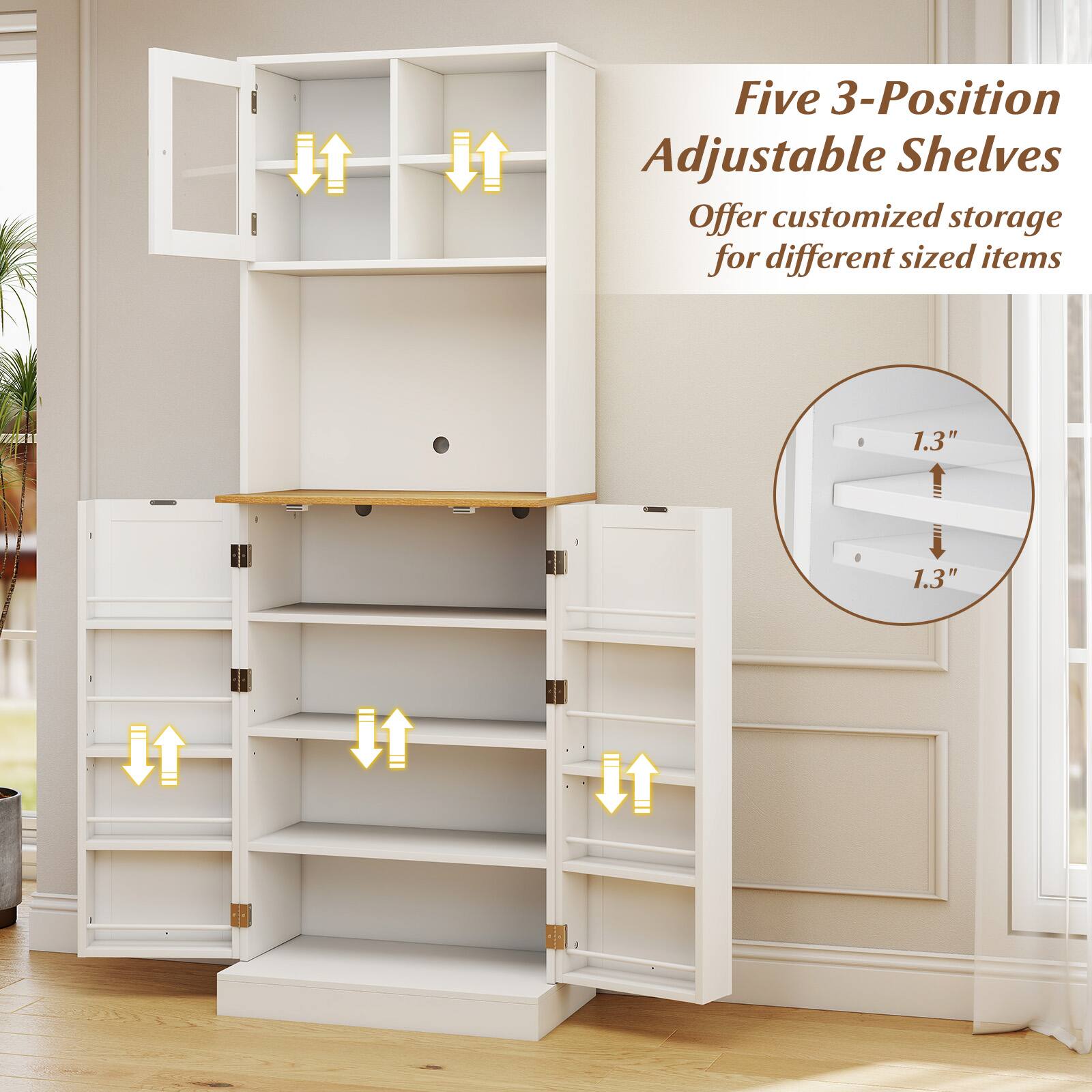 Five 3-Position Adjustable Shelves  
Offer customized storage for different sized items  

1.3"  
1.3"