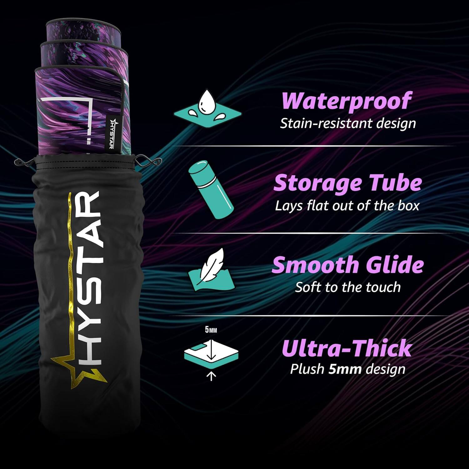 HYSTAR 5M Waterproof Stain-resistant design Storage Tube Lays flat out of the box Smooth Glide Soft to the touch Ultra-Thick Plush 5mm design