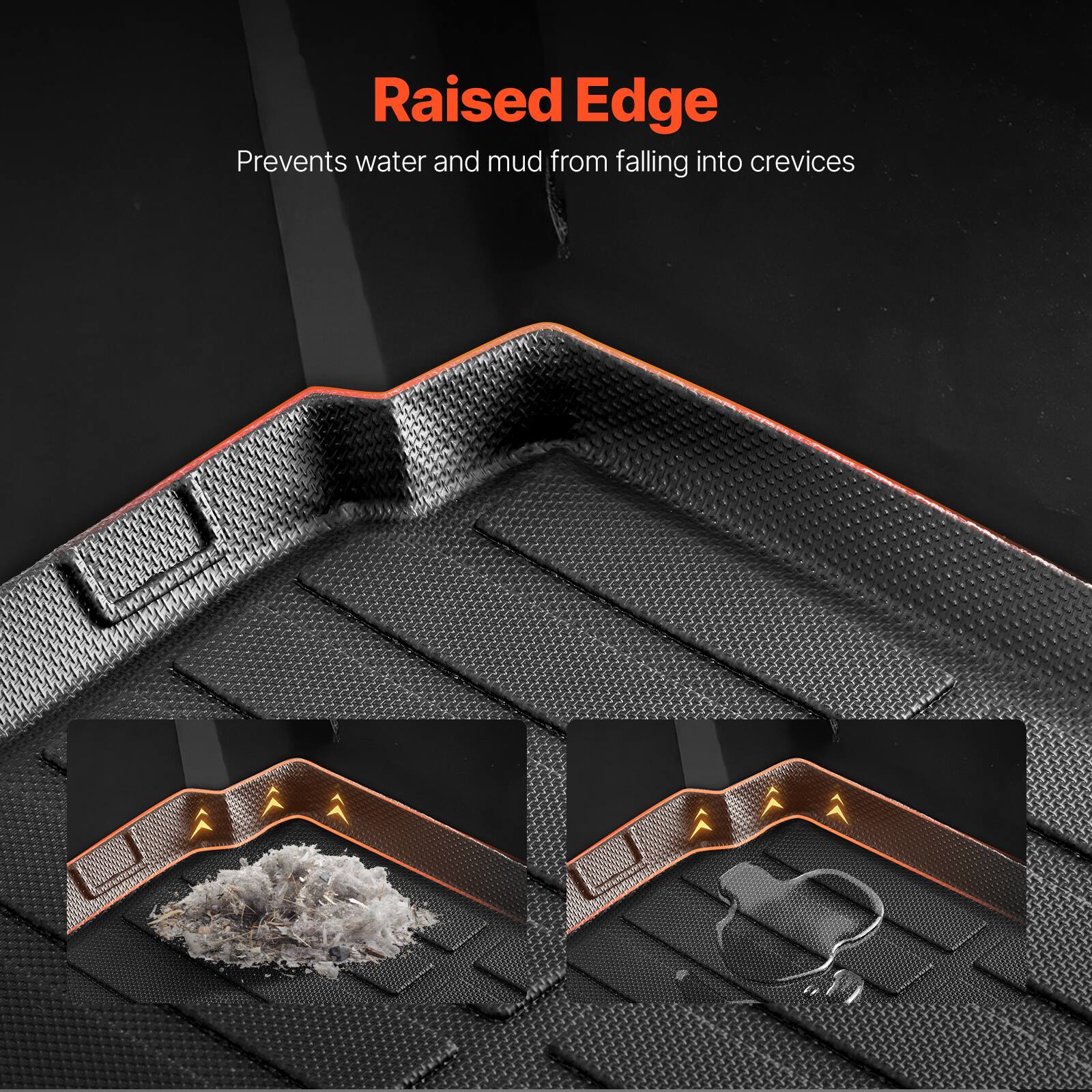 Raised Edge  
Prevents water and mud from falling into crevices