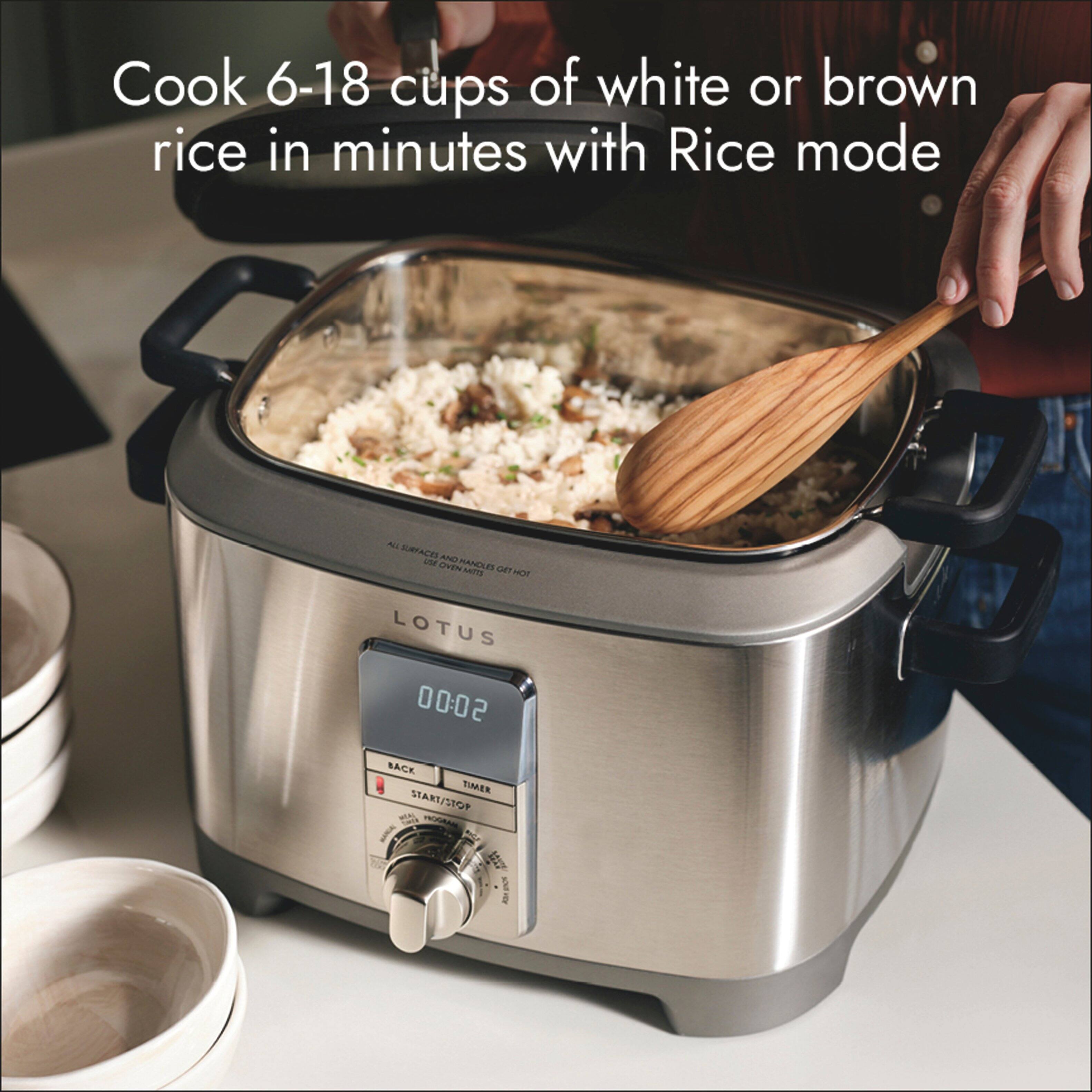 Cook 6-18 cups of white or brown rice in minutes with Rice mode

All SURFACES AND USE MANDLES OVEN MITTS no HOT LOTUS 50:00 BACK TIMER START/STOP