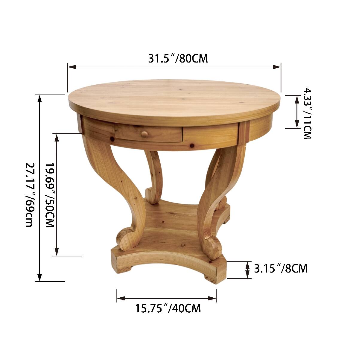 27.17"/69cm  
19.69"/50cm  
31.5"/80cm  
15.75"/40cm  
4.33"/11cm  
3.15"/8cm