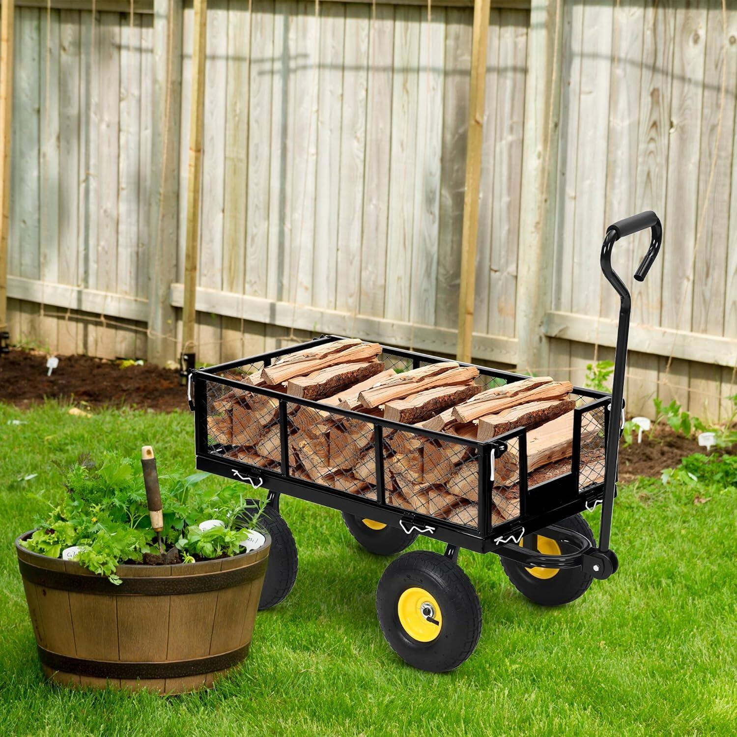 Left. Acekool - Garden Wagon Cart, 880 LB Capacity, Heavy Duty Steel Yard Cart, Removable Sides, All-Terrain Tires, Black - Black.