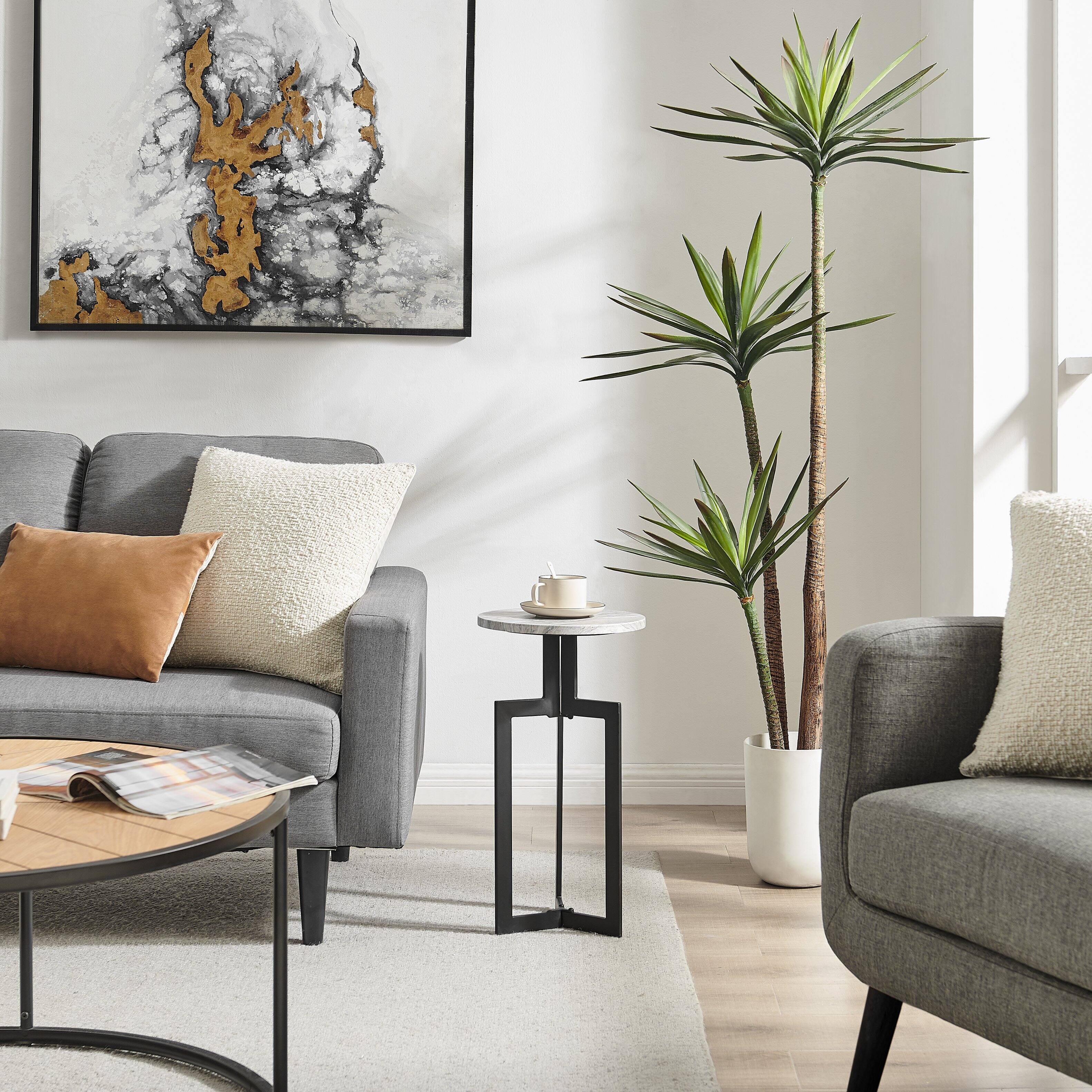 Back. Danya B - Black Metal Sculptural Pedestal & Faux Stone Tabletop Accent End Table - Black, White Marble.