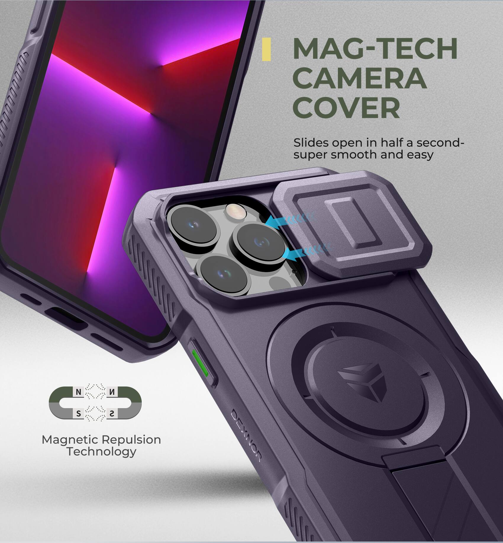 MAG-TECH CAMERA COVER  
Slides open in half a second- super smooth and easy  

Magnetic Repulsion Technology