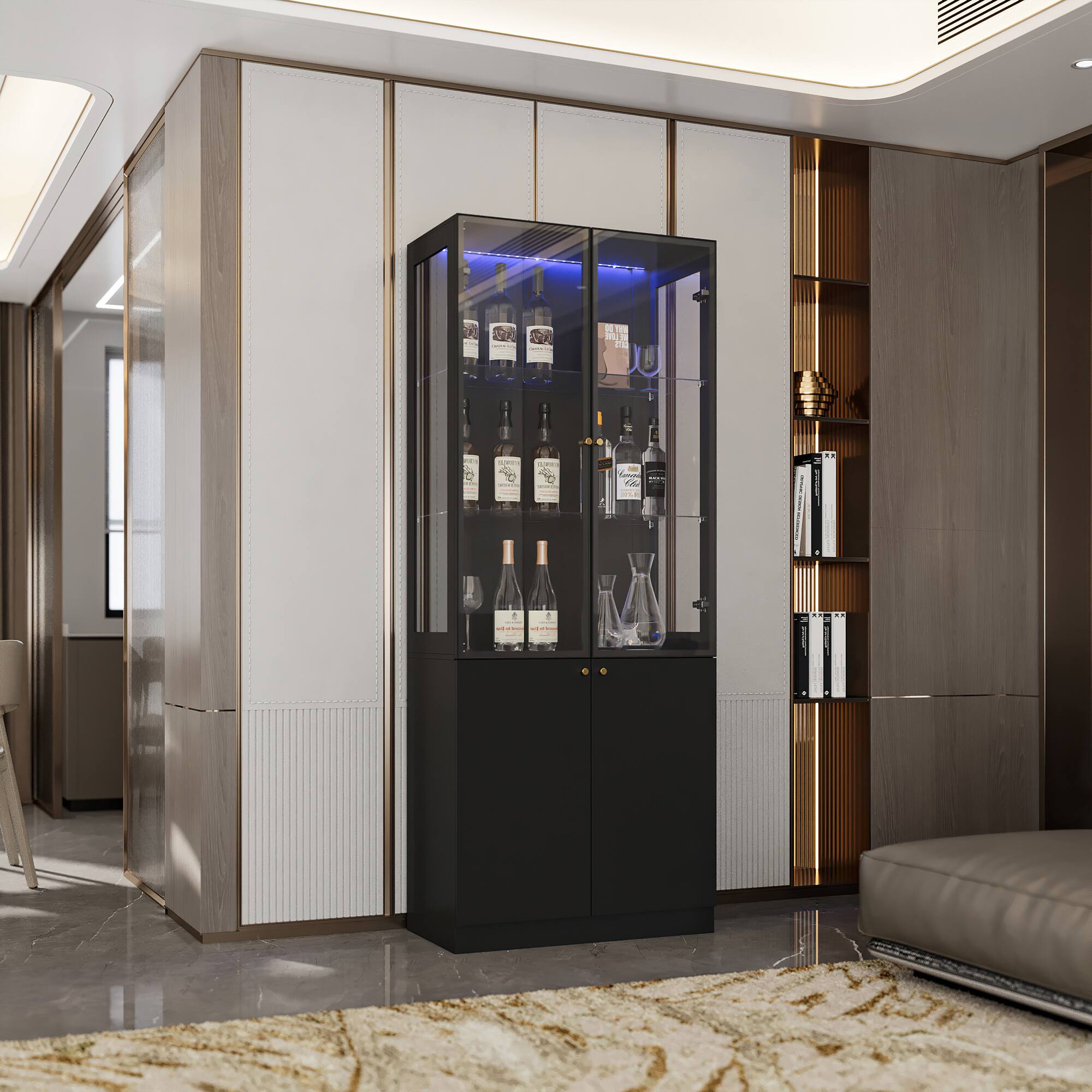 Alt View 2. Famapy - Multi-Functional Glass Display Cabinet with LED Lighting, Adjustable Shelves, Drawers & Versatile Storage - Black.