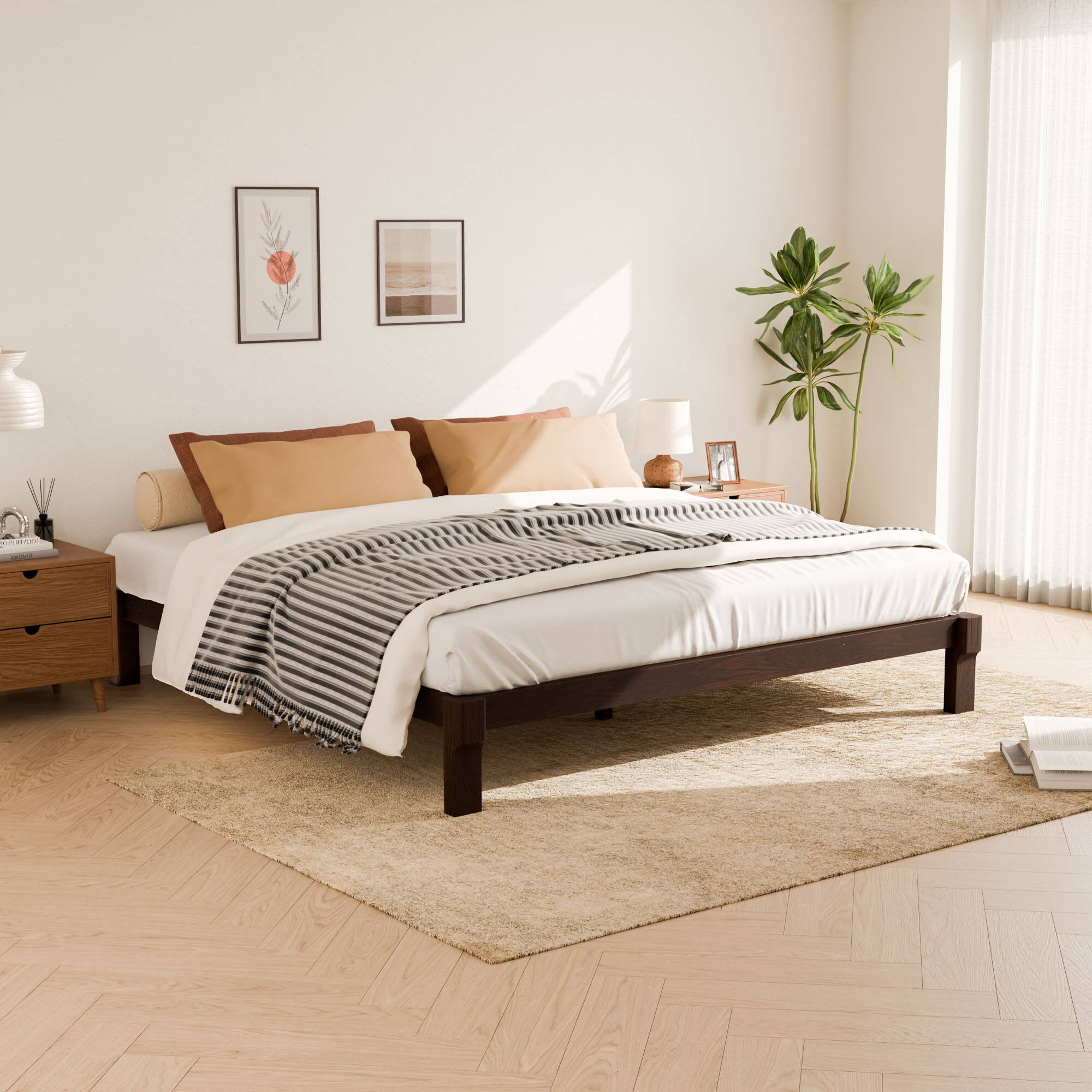 Angle. FlexiSpot - Kana Japanese Joinery Solid Wood Platform Bed Frame - Dark Walnut.