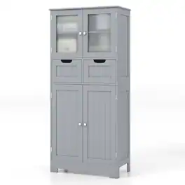 Costway - Bathroom Floor Storage Cabinet Kitchen Cupboard with 2 Drawers & Glass Doors - Gray