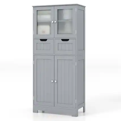 Front. Costway - Costway Bathroom Floor Storage Cabinet Kitchen Cupboard with 2 Drawers & Glass Doors Gray - Gray.