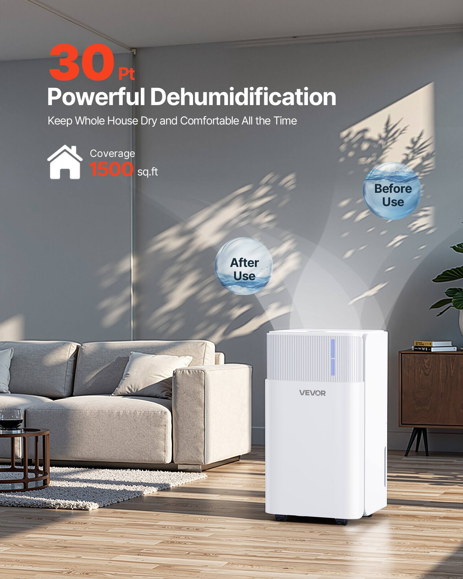 30 Pt Powerful Dehumidification  
Keep Whole House Dry and Comfortable All the Time  

Coverage 1500 sq.ft  

Before Use  
After Use  

VEVOR