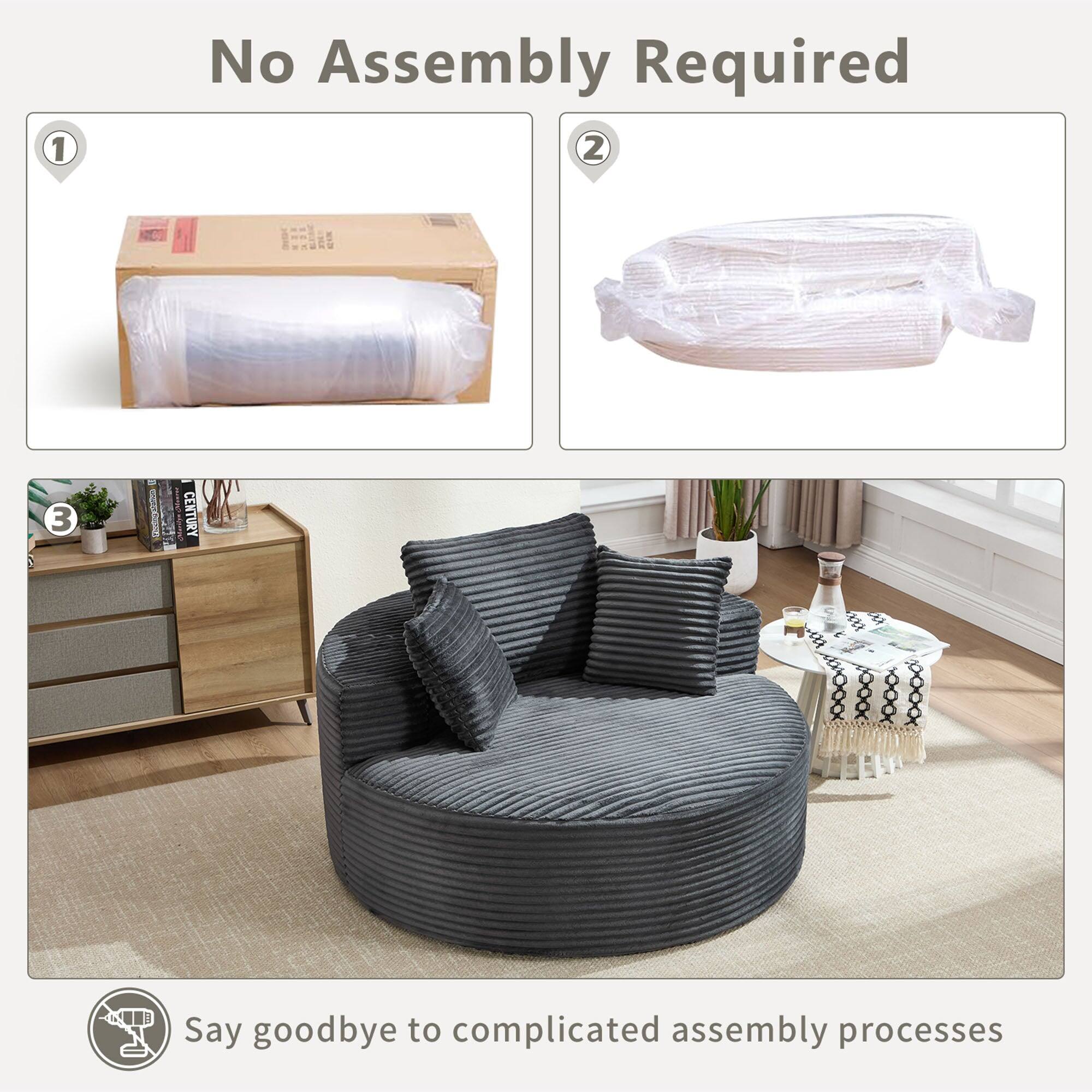 No Assembly Required

1. [Image of a rolled-up item in a box]
2. [Image of a rolled-up item in plastic wrap]
3. [Image of a fully assembled chair]

Say goodbye to complicated assembly processes