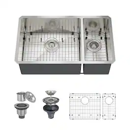 Boyel Living - 32 in. Undermount 60/40 Double Bowl 18-Gauge Stainless Steel Kitchen Sink with Bottom Grids and Strainer Basket - Silver
