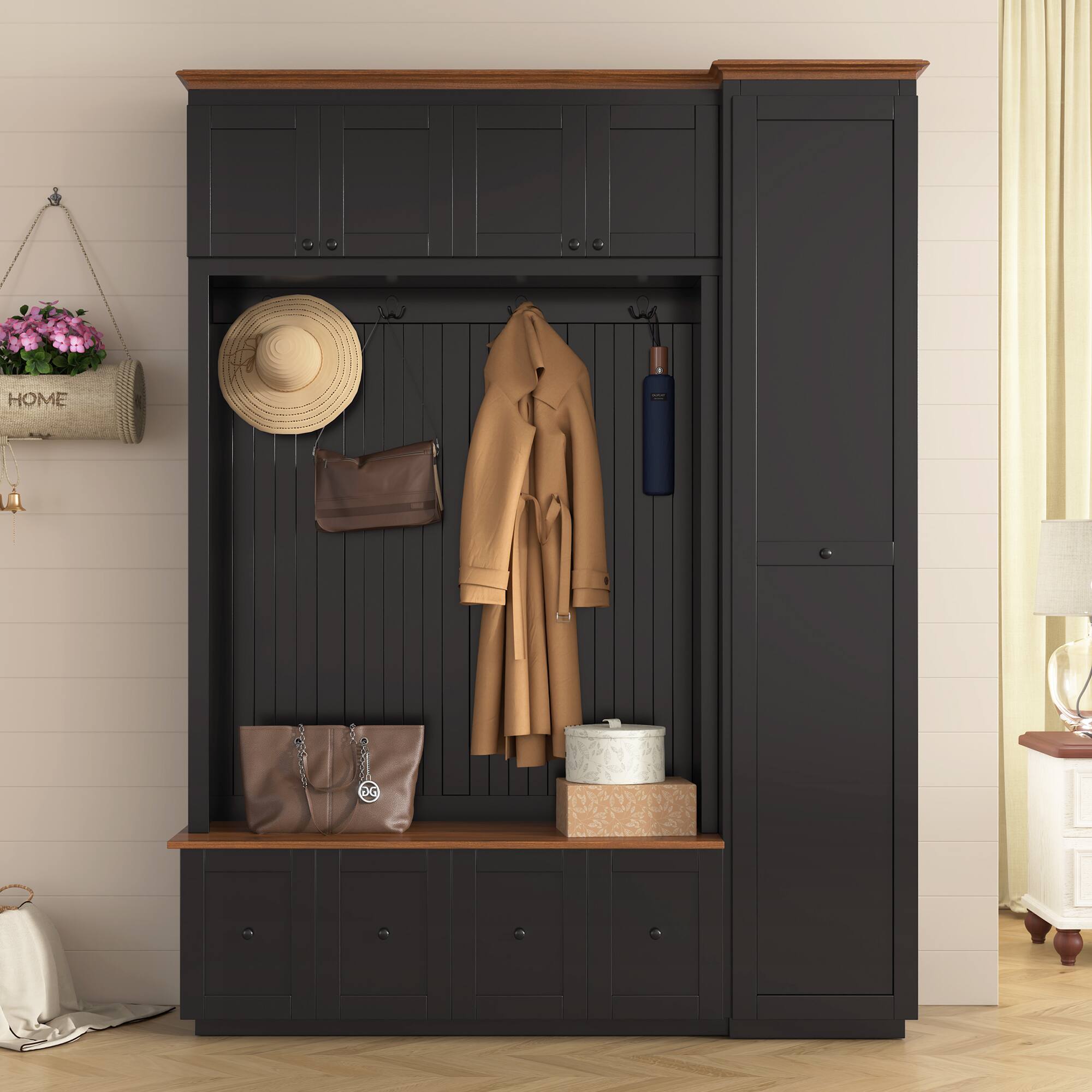 Left. Whisen - 78.7-Inch Hall Tree with Storage Bench, 5-in-1 Entryway Organizer with Cabinets & Drawers-Black - Black.