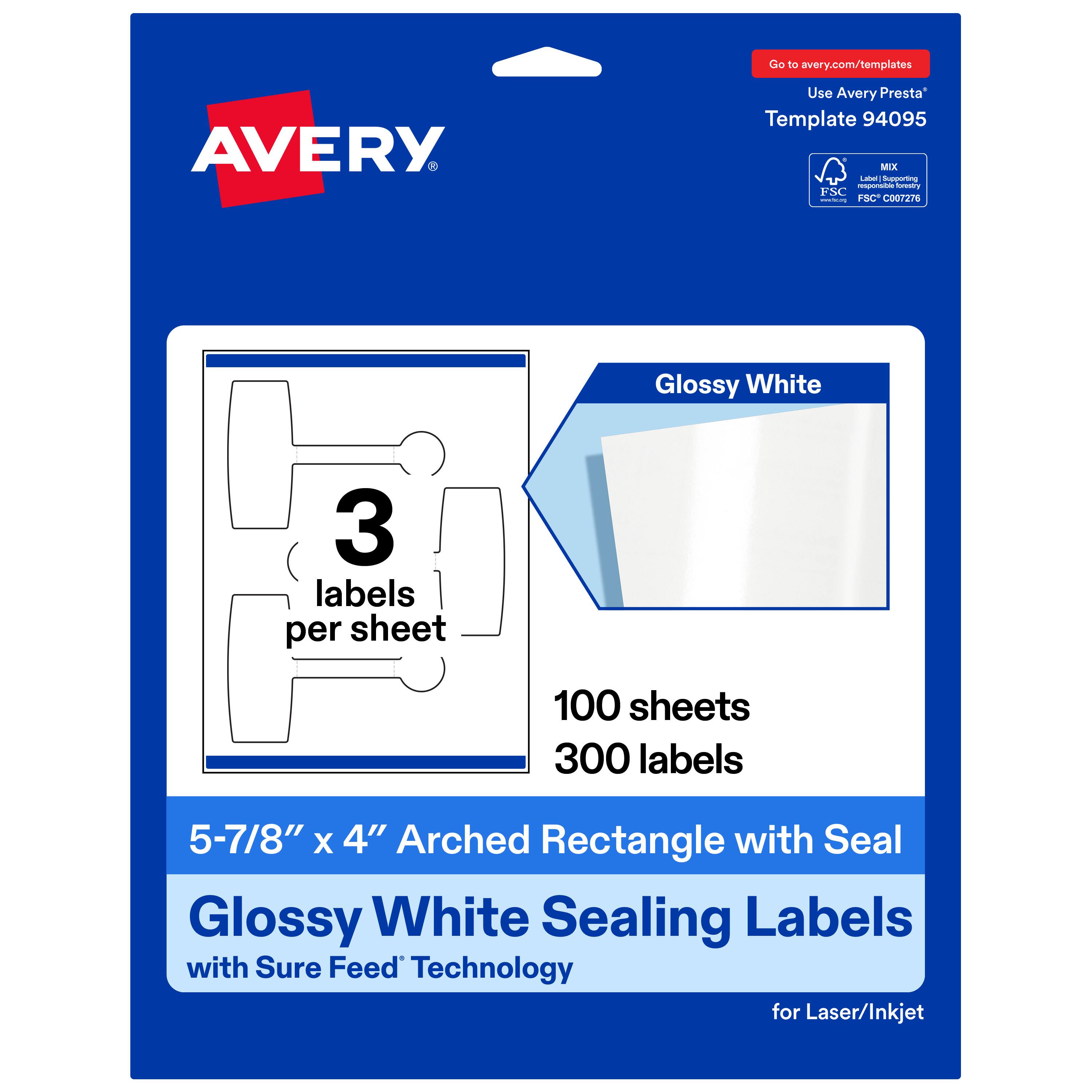 Go to avery.com/templates

AVERY

Use Avery Presta™ Template 94095

MIX

Lete Rgguriip pede turesary

FSC | FSC C00T2TS

Glossy White

3 labels per sheet

100 sheets

300 labels

5-7/8" X 4" Arched Rectangle with Seal

Glossy White Sealing Labels with Sure Feed Technology for Laser/Inkjet