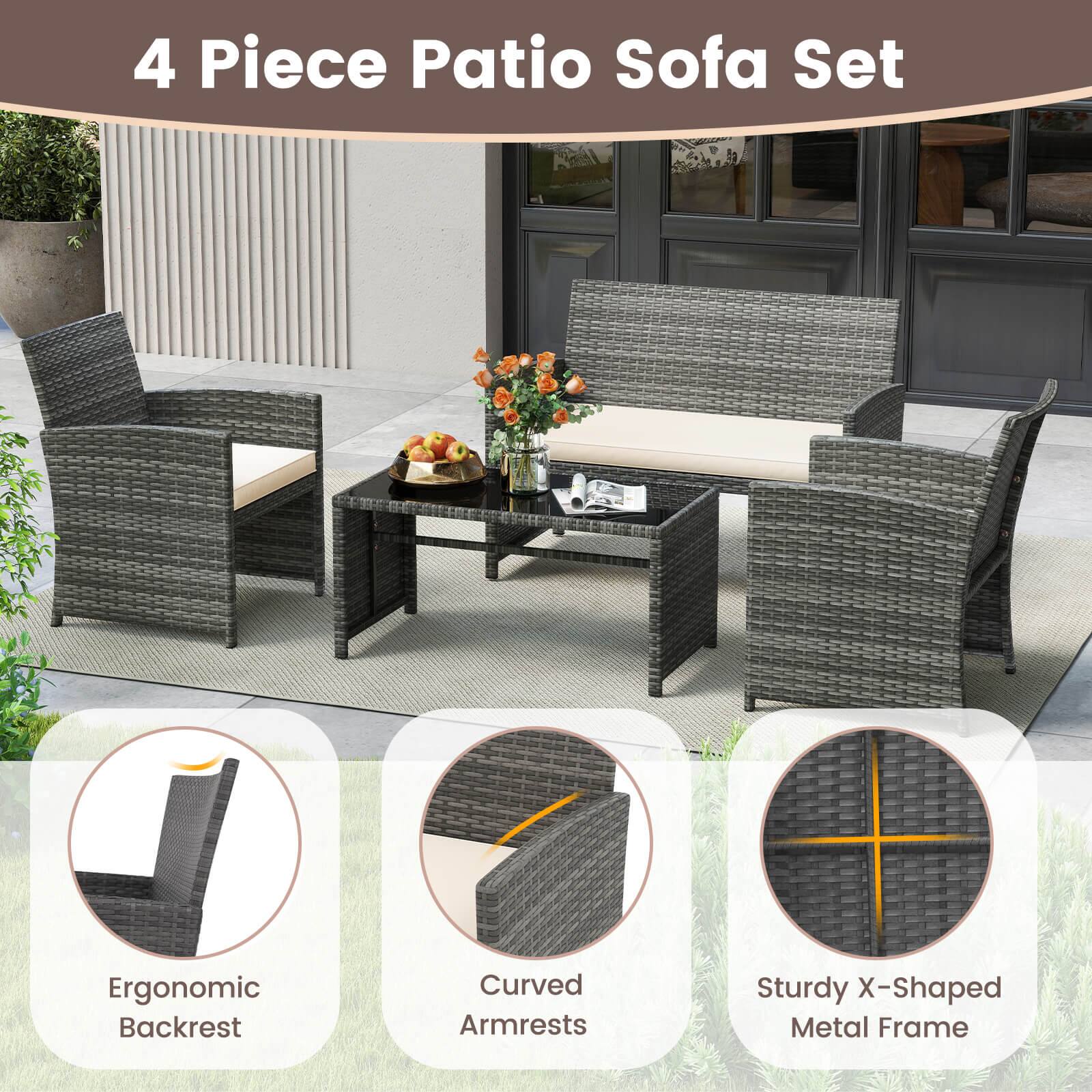 4 Piece Patio Sofa Set

- Ergonomic Backrest
- Curved Armrests
- Sturdy X-Shaped Metal Frame