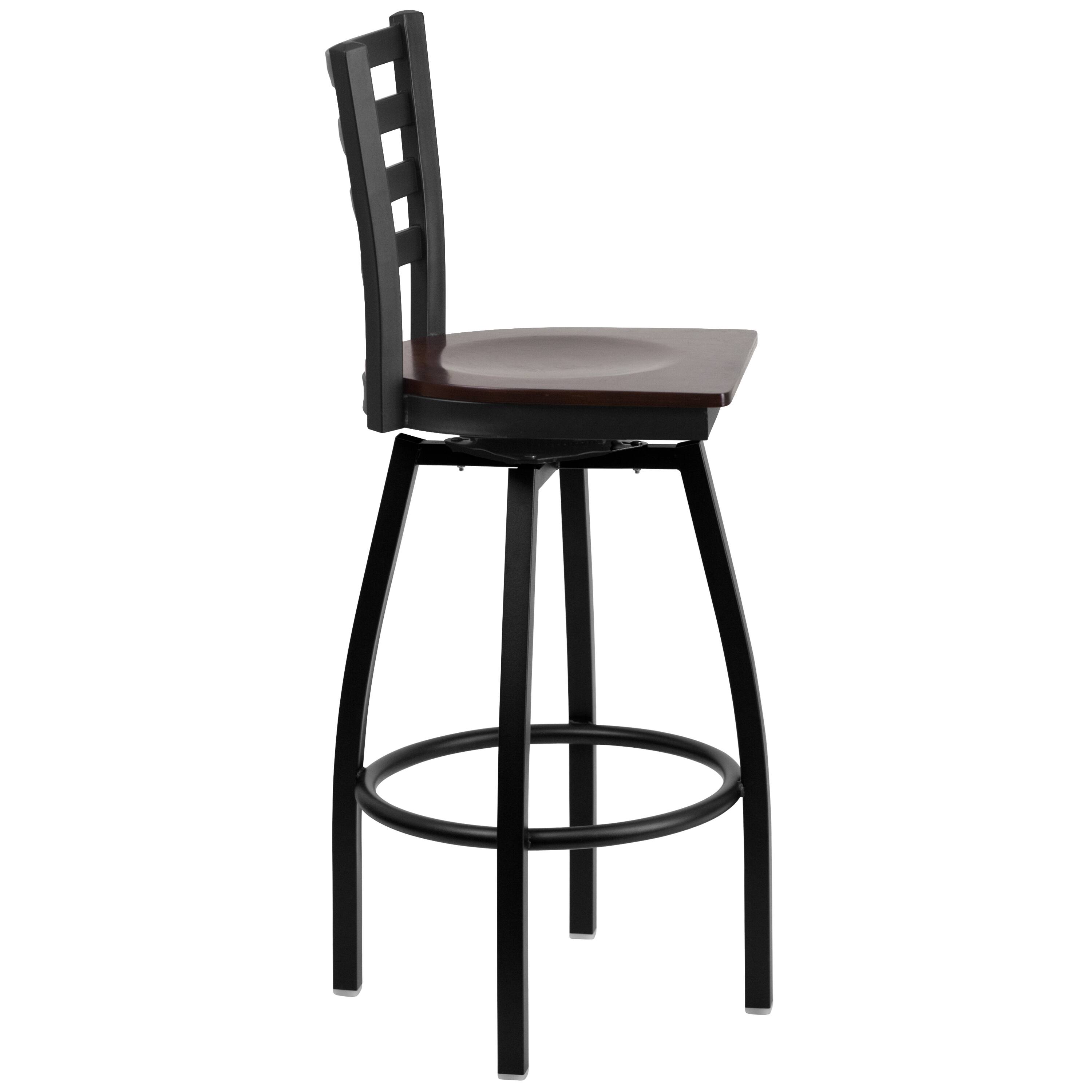 Alt View 6. Emma + Oliver - Ladder Back Swivel Metal Restaurant Dining Barstool - Walnut Wood Seat/Black Metal Frame.