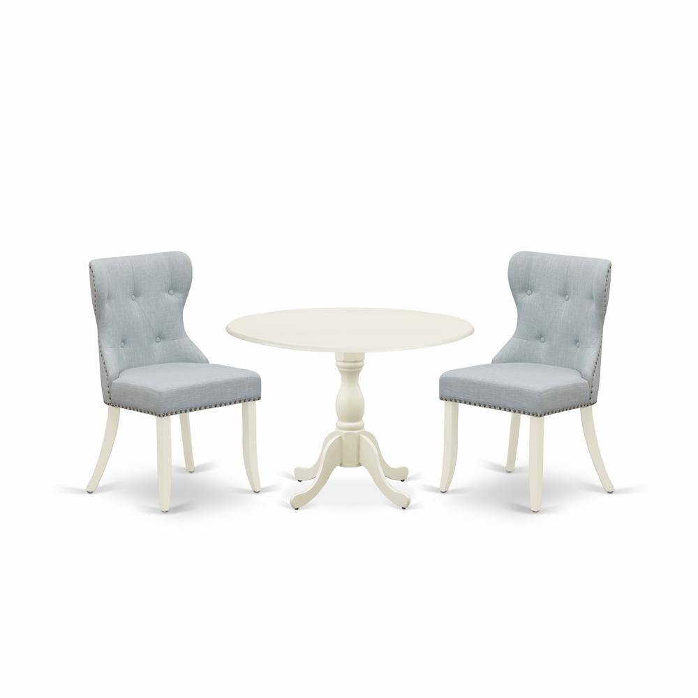 Left. East West Furniture - East West Furniture DMSI3-LWH-15 3 Piece Kitchen Table Set Consists of 1 Drop Leaves Dining Table and 2 Baby Blue Linen - Linen White.